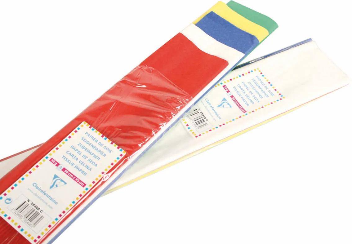 Verpacktes Set aus farbigen Papierfähnchen oder Wimpelketten auf weißem Hintergrund, in durchsichtiger Kunststoffverpackung mit Etiketten dargestellt.