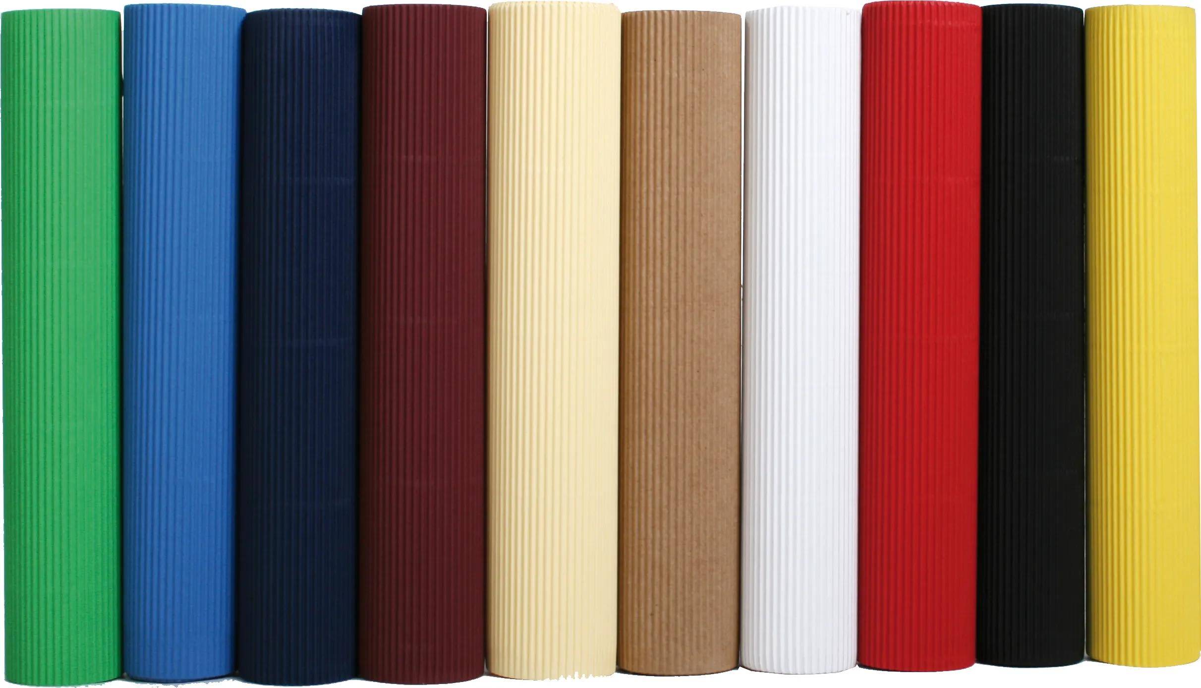 Eine Reihe von zehn vertikal stehenden gerippten Rollen in Grün, Blau, Dunkelblau, Kastanienbraun, Creme, Beige, Weiß, Rot, Schwarz und Gelb.