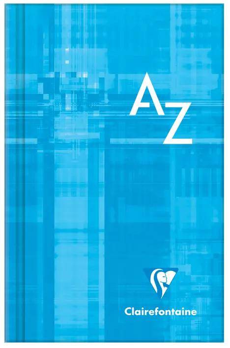 Blaues Clairefontaine-Notizbuch mit großen weißen A-Z-Buchstaben auf dem Umschlag und dem Clairefontaine-Logo am unteren Rand.