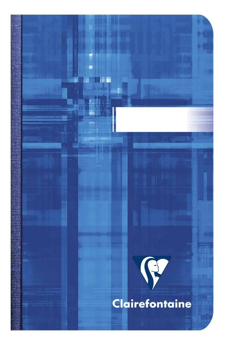 Blauer Clairefontaine-Notizbucheinband mit abstraktem geometrischem Muster, einem leeren weißen Etikett und dem Clairefontaine-Logo unten.