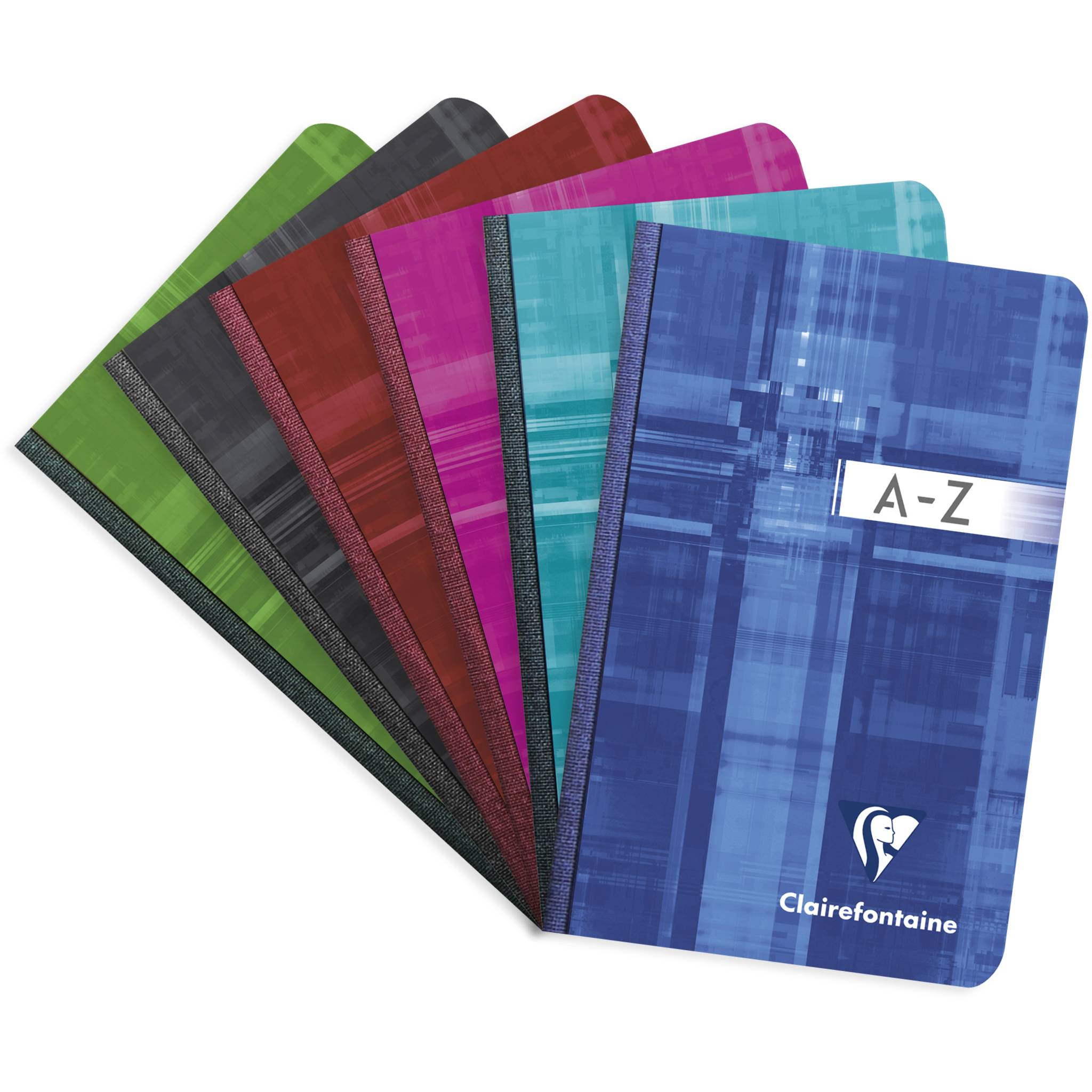 Fächer aus sechs bunten Clairefontaine A-Z-Notizbüchern mit gemusterten Umschlägen auf weißem Hintergrund.
