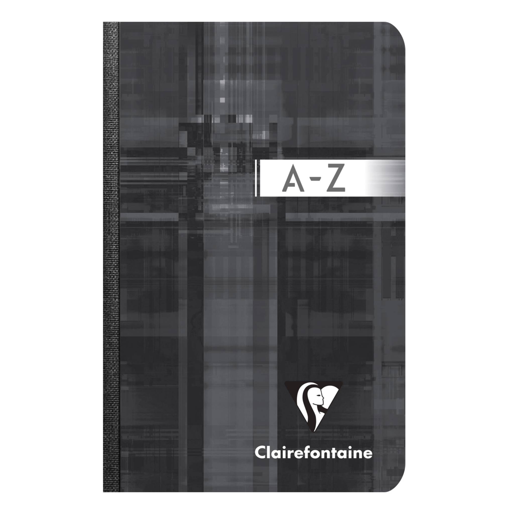Schwarzes Clairefontaine-Notizbuch mit „A-Z“-Aufkleber und Markenlogo auf dem Einband.