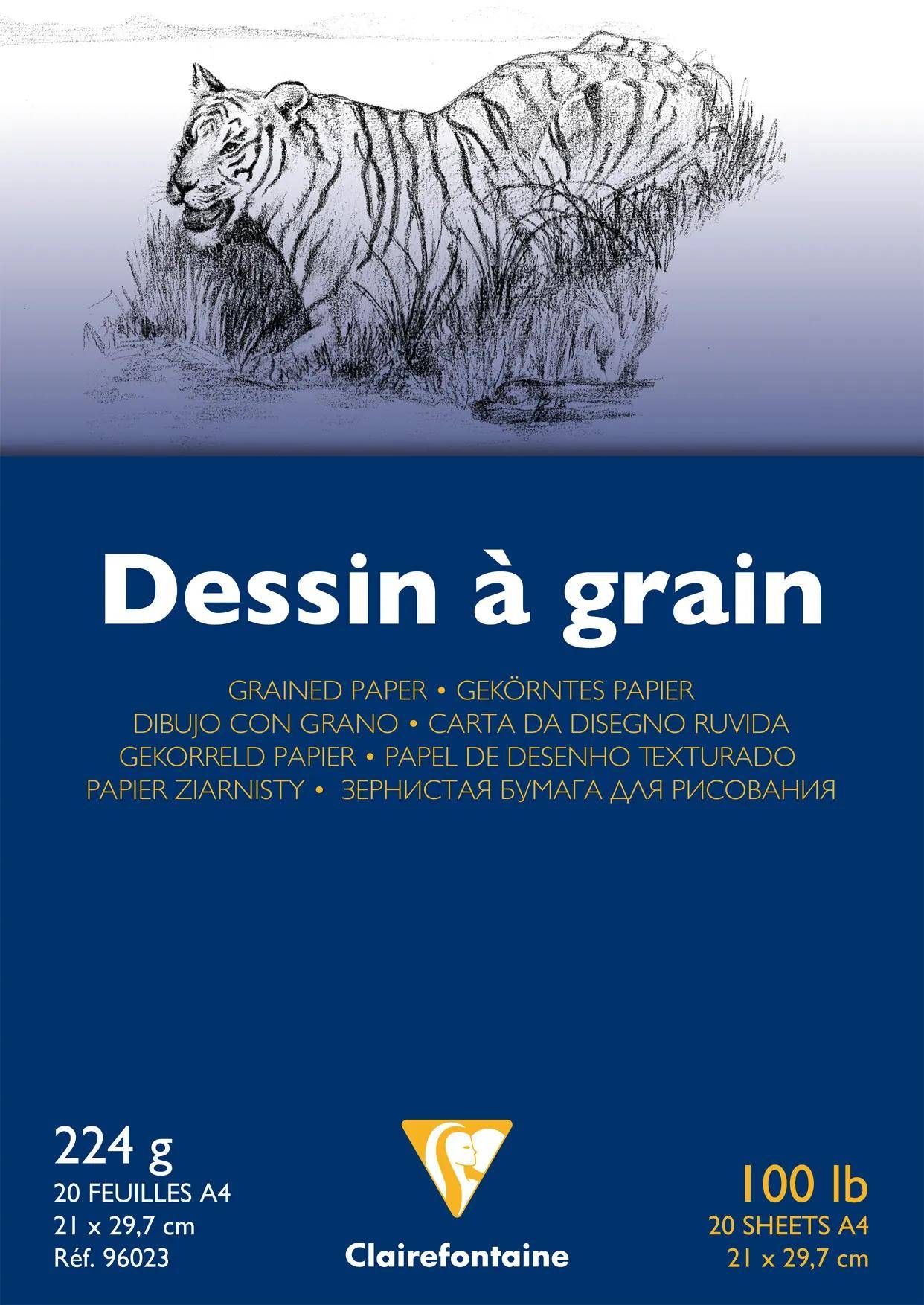 Produktabdeckung mit einer Bleistiftskizze eines Tigers und dem Text „Dessin à grain