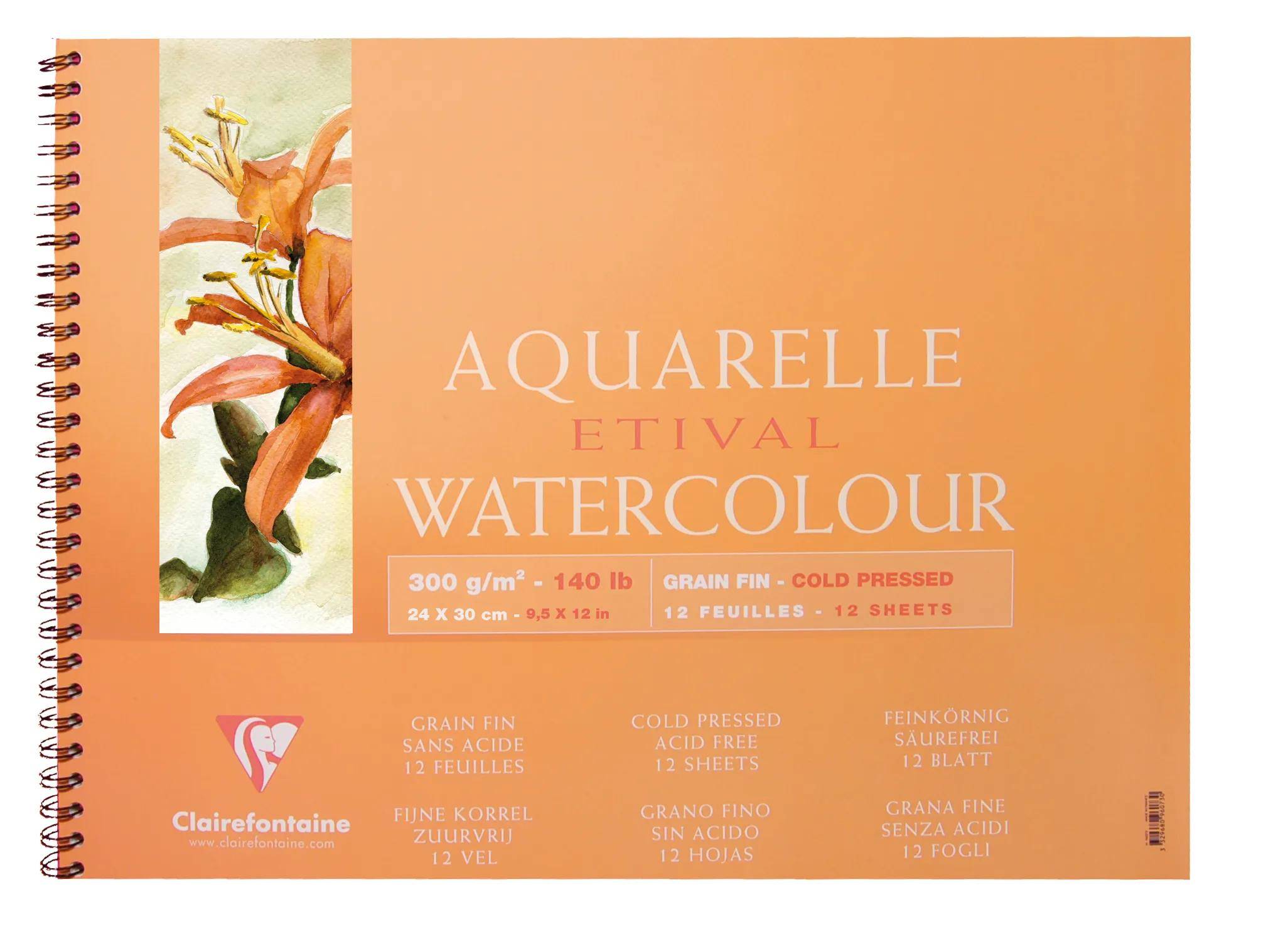Orangefarbenes Clairefontaine-Aquarellpapierblock mit Blumenillustration und Text „Aquarelle Etival Watercolour