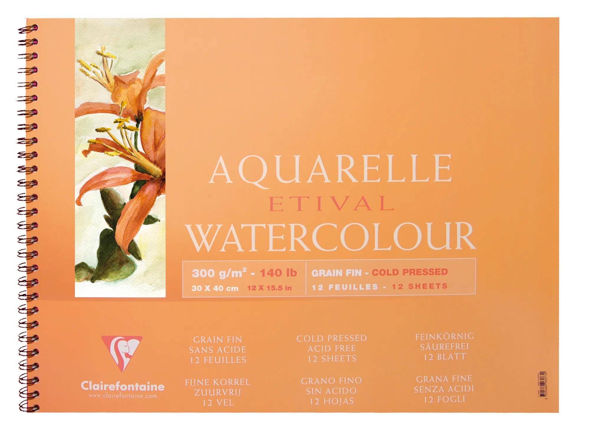 Orange Aquarellpapierblock mit Blumenmalerei, beschriftet mit „AQUARELLE ETIVAL WATERCOLOUR
