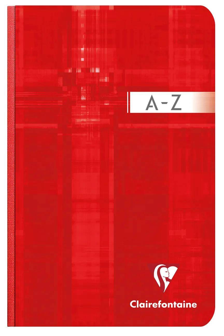 Rotes Clairefontaine A-Z Notizbuch mit weißem Etikett und Logo am unteren Rand.