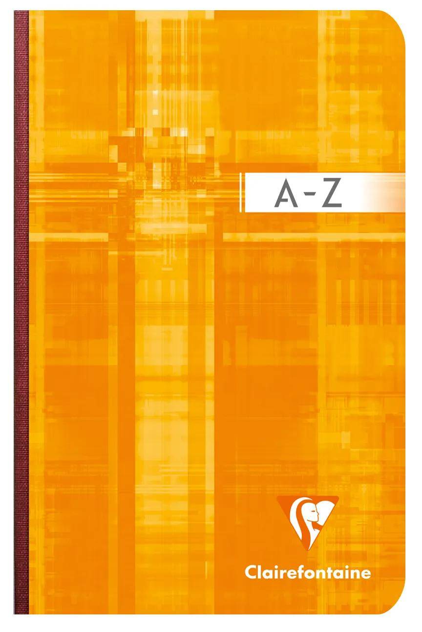 Orange Clairefontaine A-Z Notizbuchdeckel mit weißem Etikett und Firmenlogo am unteren Ende.