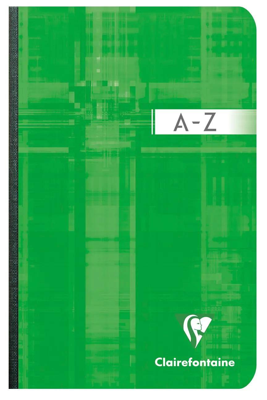 Grünes Clairefontaine A-Z Notizbuch mit weißem Etikett und Logo, von vorne gezeigt.