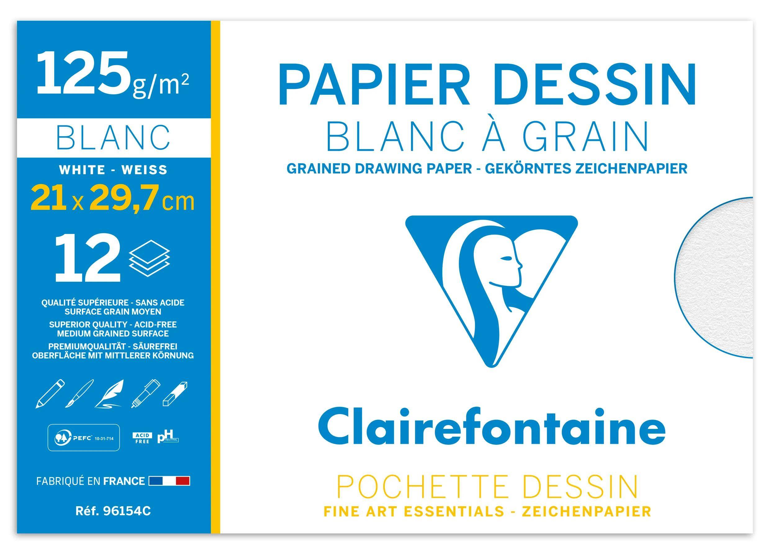 Clairefontaine Pochettes Dessin: STRUKTURIERTES ZEICHENPAPIER, 180g/m². Blaues Logo mit stilisierter Profilsilhouette.