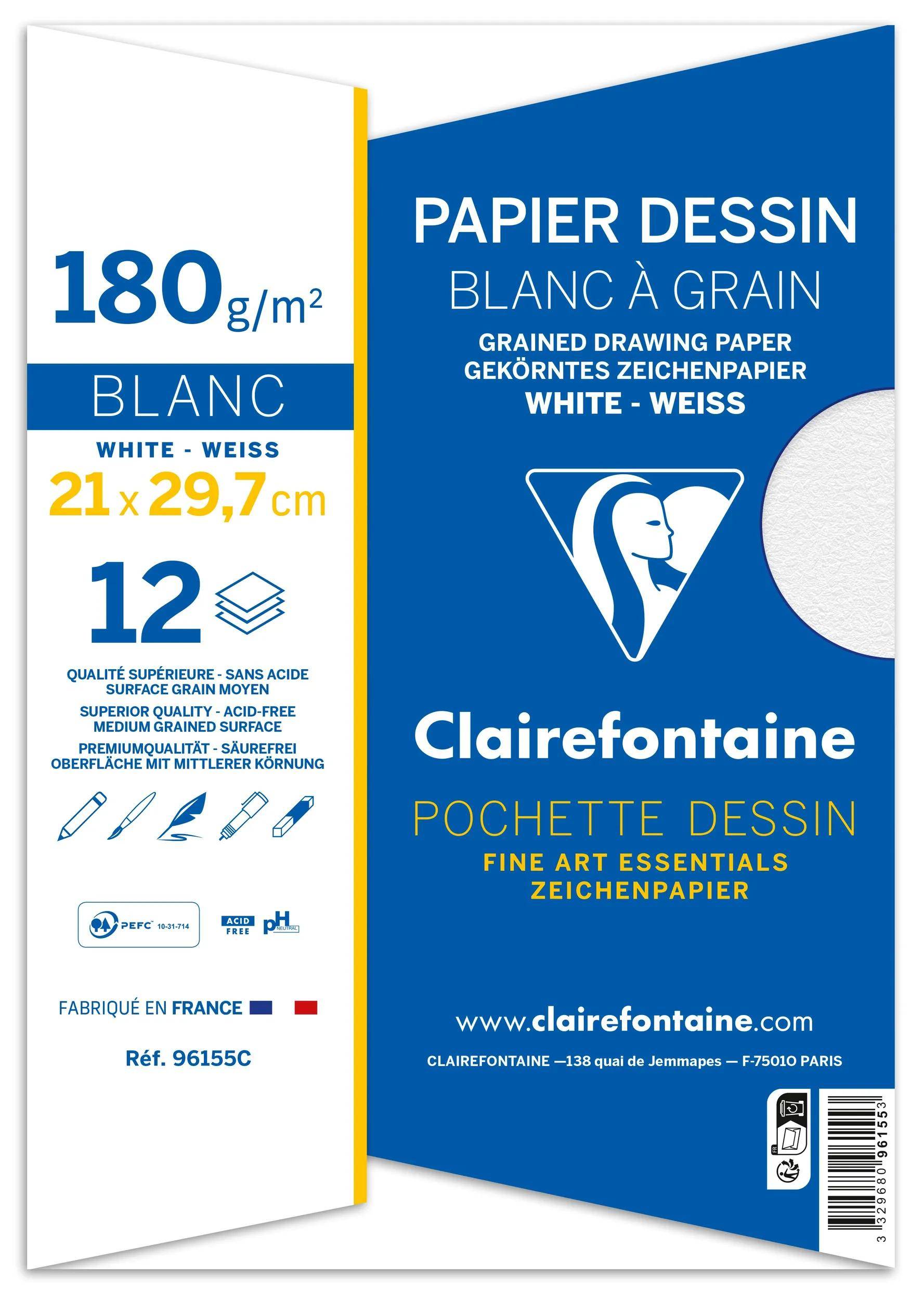 Clairfontaine Skizzenblock Verpackung für weißes Strukturpapier, 180 g/m², A4-Format 21 x 29,7 cm, 12 Blatt, hergestellt in Frankreich.