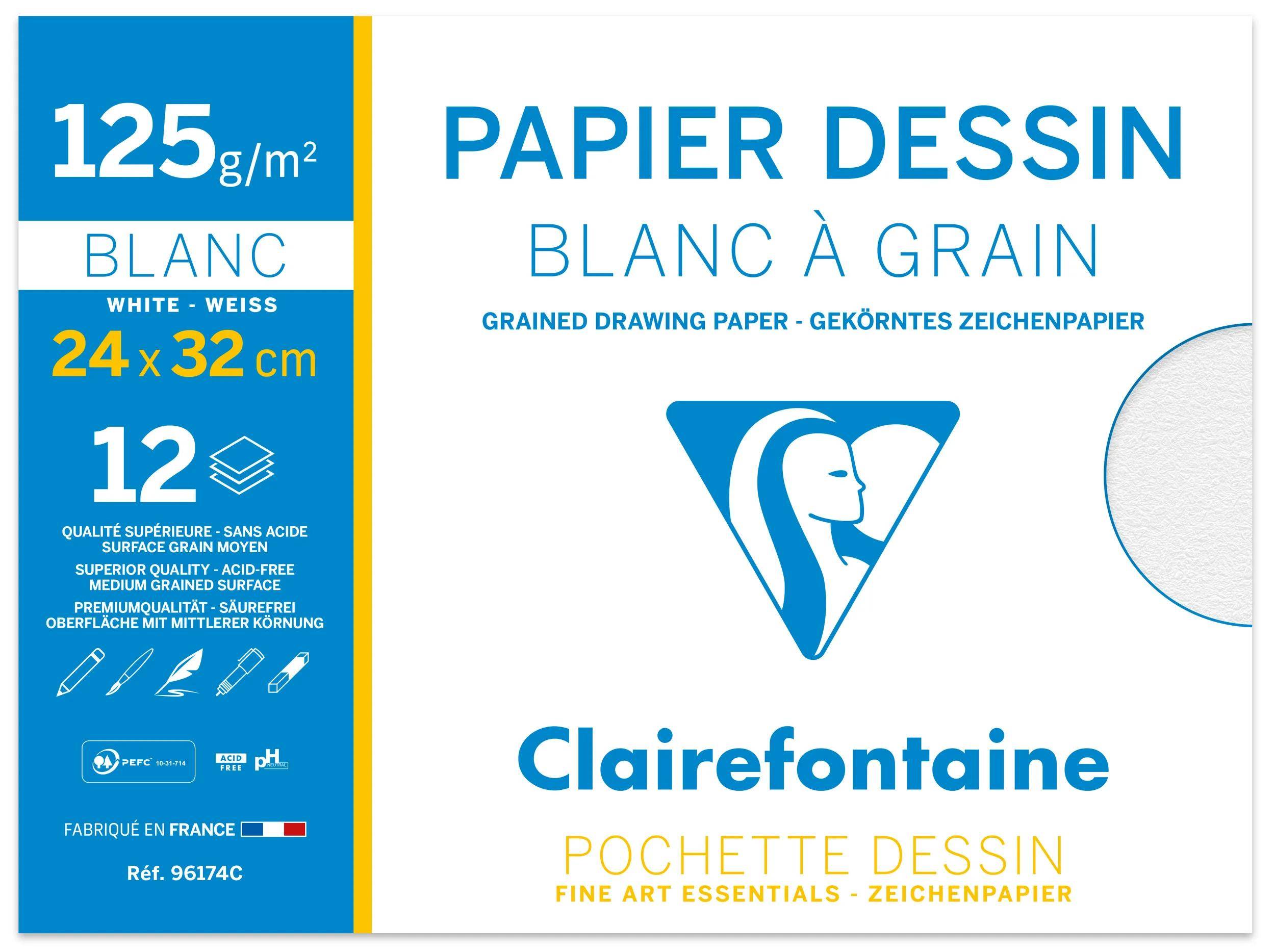Clairefontaine Zeichenpapierset: 125 g/m² weiß, 24 x 32 cm, 12 Blatt, „Papier dessin blanc à grain