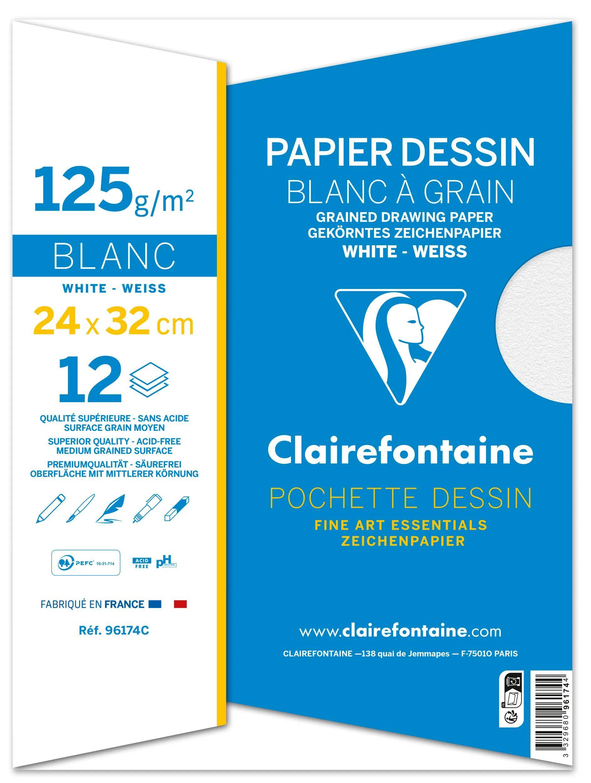 Clairefontaine 10x Gekörntes Zeichenpapier Pack. 12 Blatt 24x32cm weiß 96174C