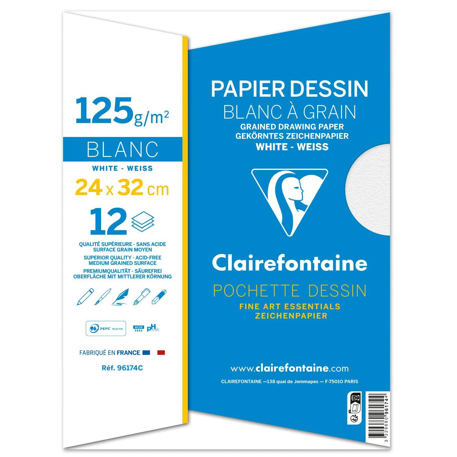 Clairefontaine 10x Gekörntes Zeichenpapier Pack. 12 Blatt 24x32cm weiß 96174C