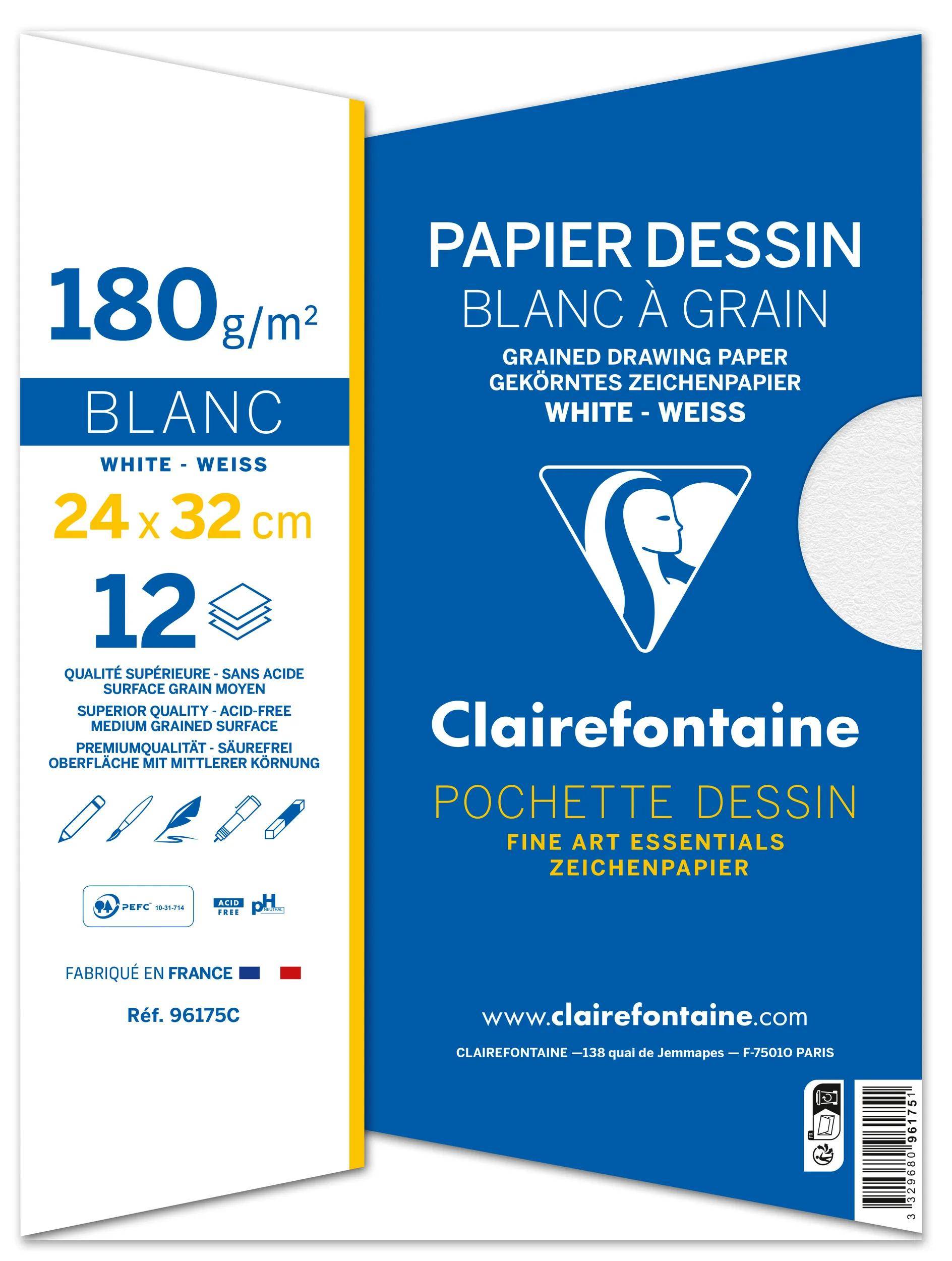 Packung Clairefontaine Zeichenpapier blanko, 180 g/m², 24 x 32 cm, 12 Blatt, mit französischer Beschriftung auf einem blau-weißen Umschlag.
