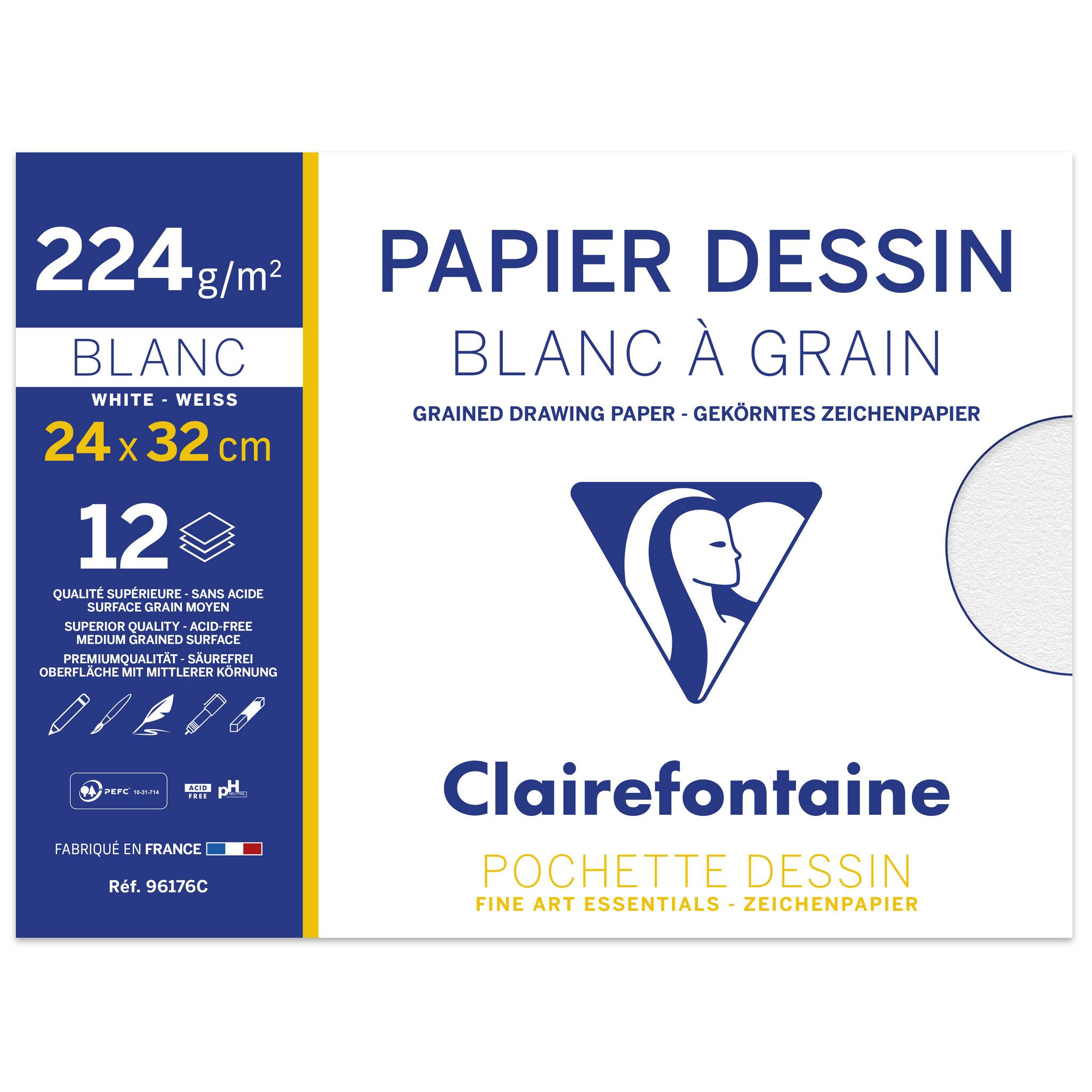 Clairefontaine 10x Gekörntes Zeichenpapier Pack. 12 Blatt 24x32cm weiß 96176C