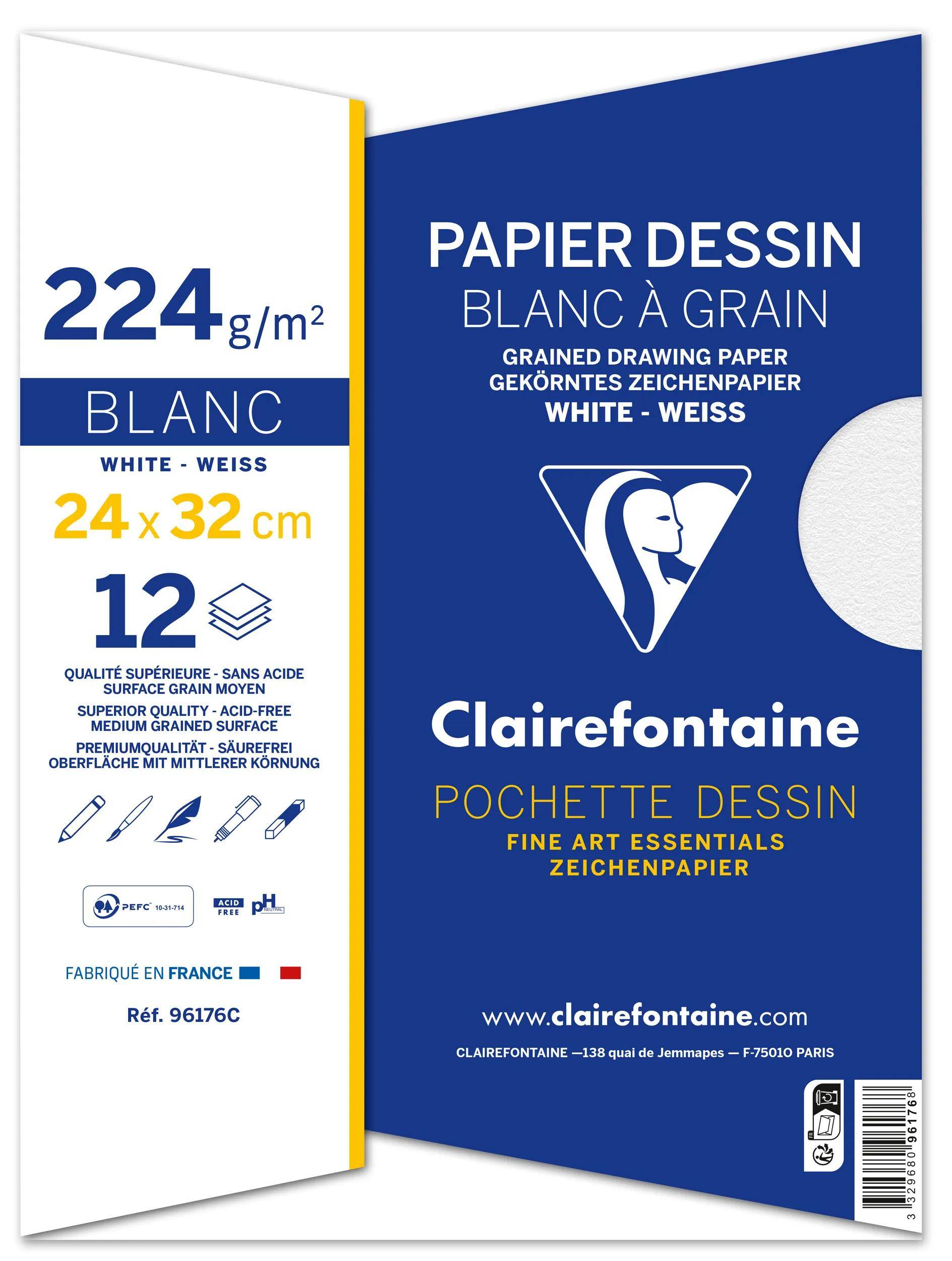 Clairefontaine 10x Gekörntes Zeichenpapier Pack. 12 Blatt 24x32cm weiß 96176C