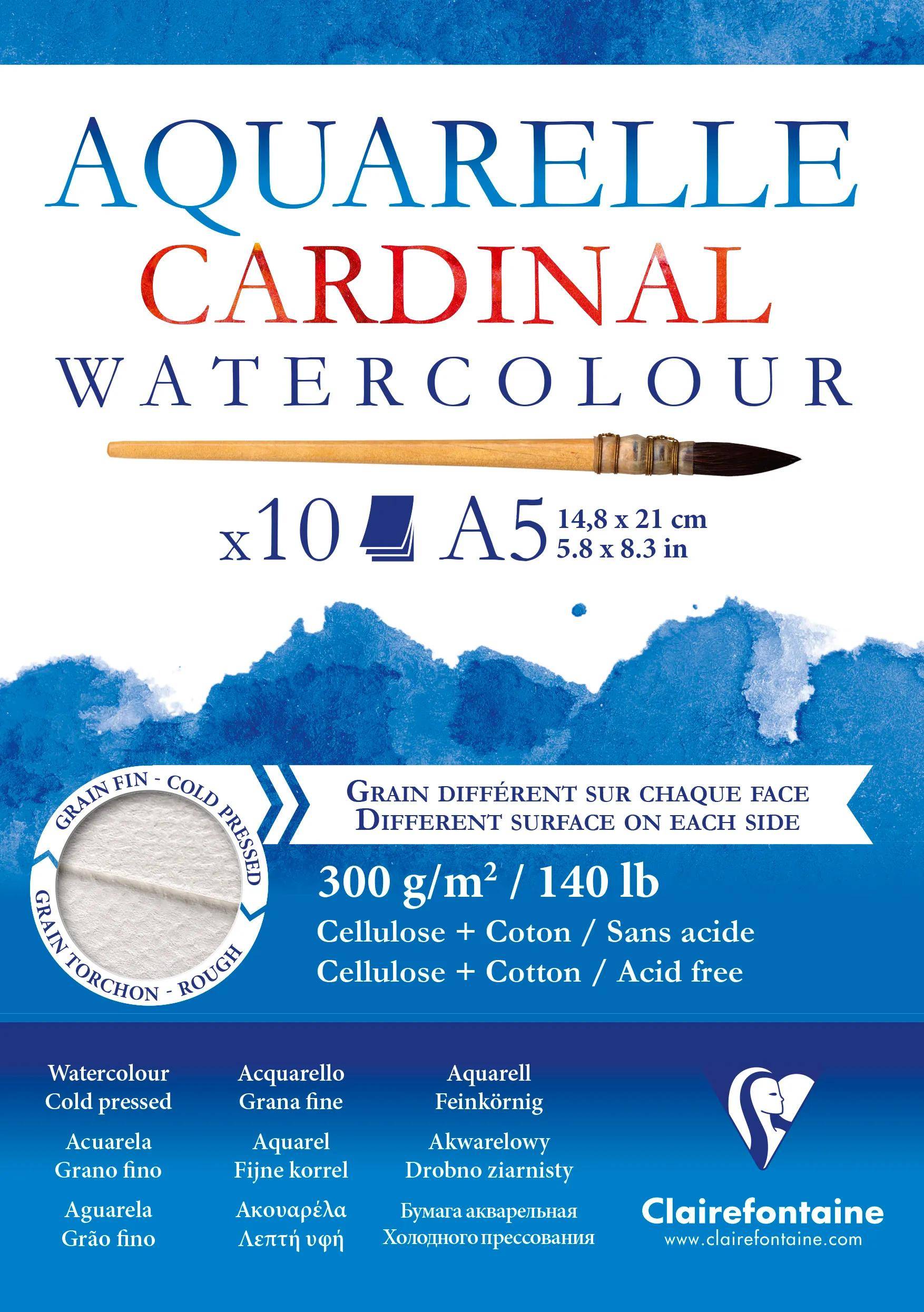 Aquarelle Cardinal Aquarellpapierblock, A5 x 10 Blatt, 300 g/m², kaltgepresst, säurefrei, mit strukturierter Körnung und Pinselillustration.