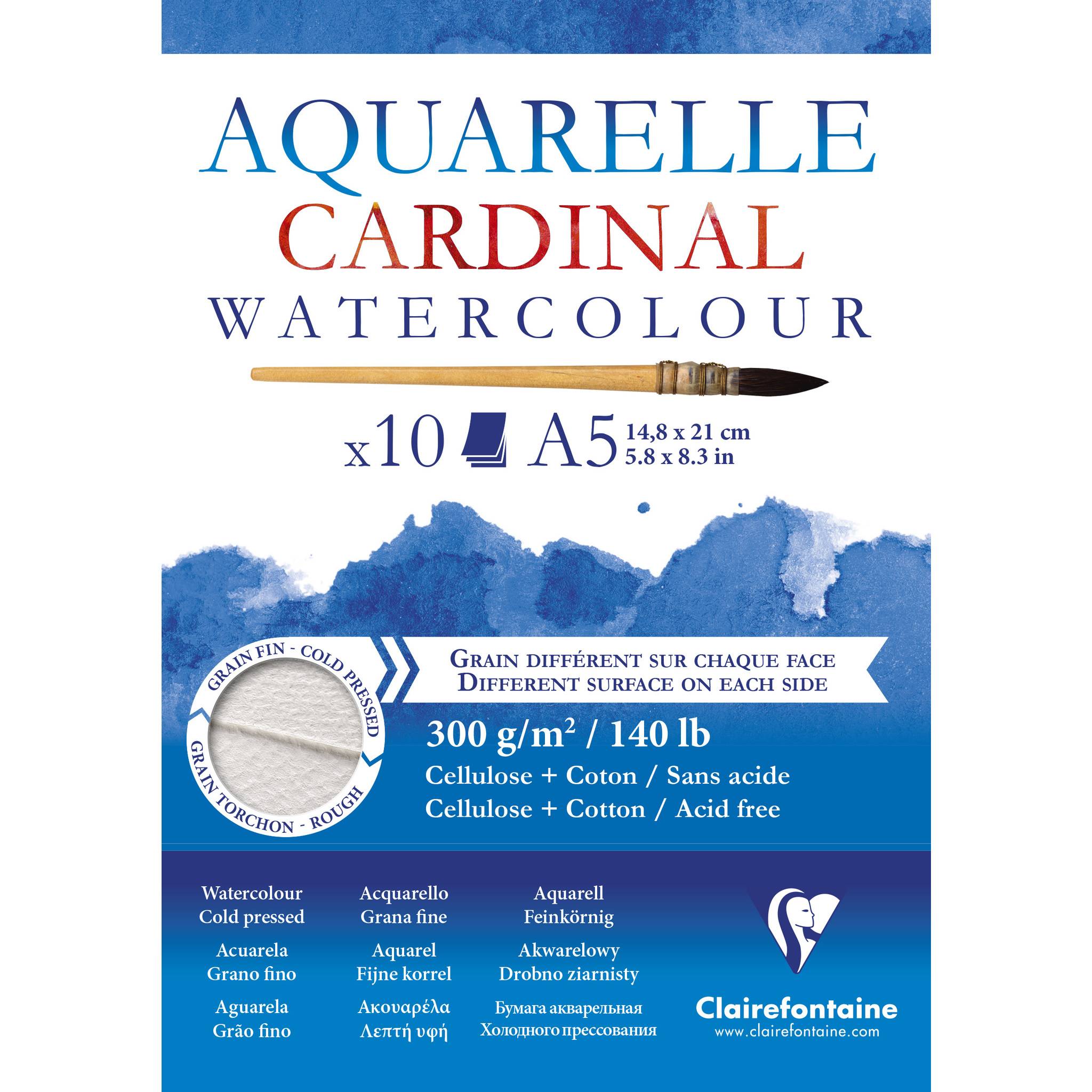 Clairefontaine 5x Aquarellpapier 300g, Zellulose/Hadern A5 geleimt, 10 Bl 96182C