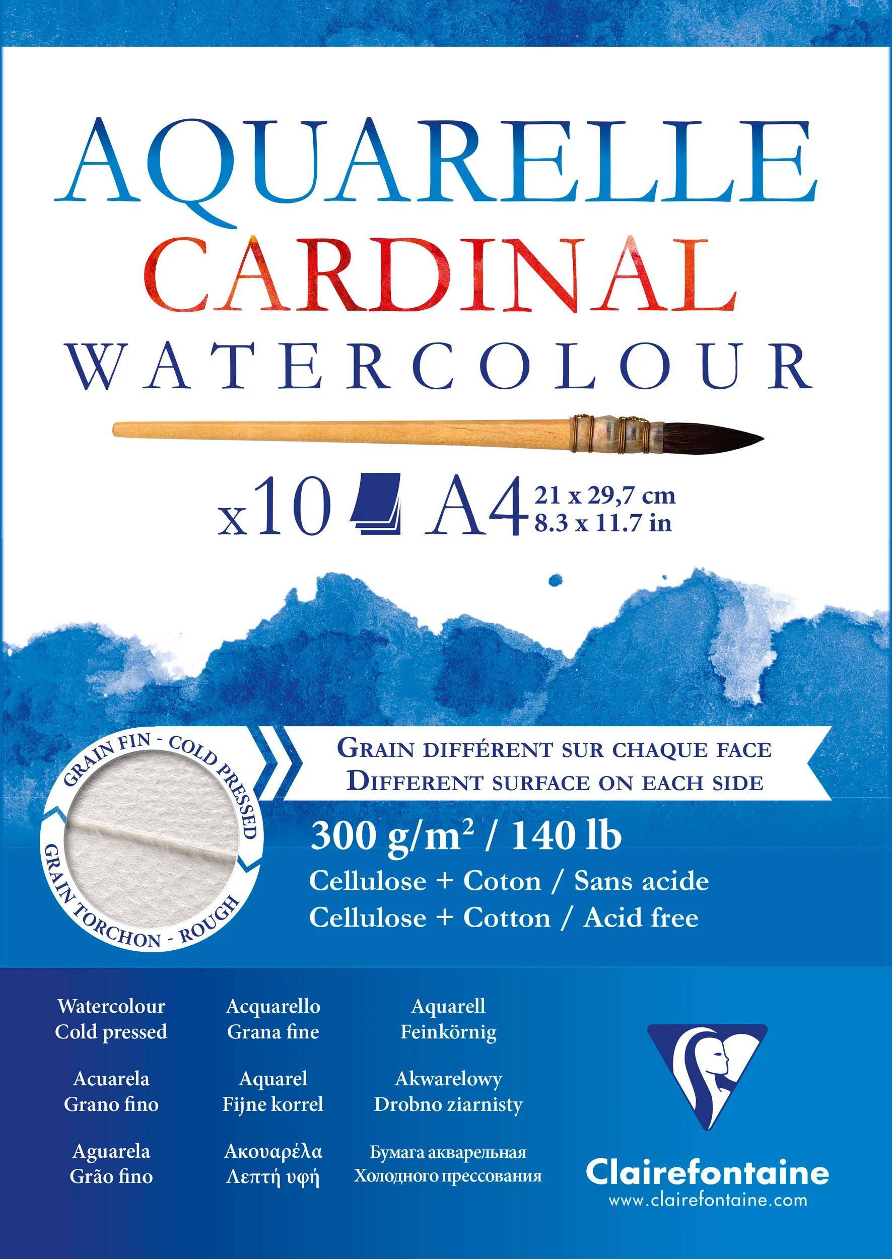 Aquarrelle Cardinal Aquarellpapier-Packung für A4, 10 Blatt, 300 g/m² (140 lb), kaltgepresst, säurefrei, mit Pinselillustration.