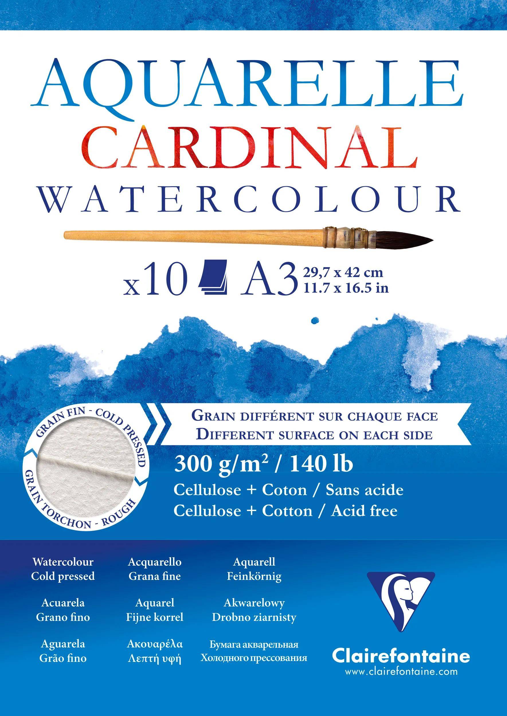 Aquarellblock-Umschlag, 'Cardinal Aquarell', 10 Blatt, A3-Format, 300 g/m², kaltgepresst, raue Oberflächenstruktur, Zellulose, Baumwolle.