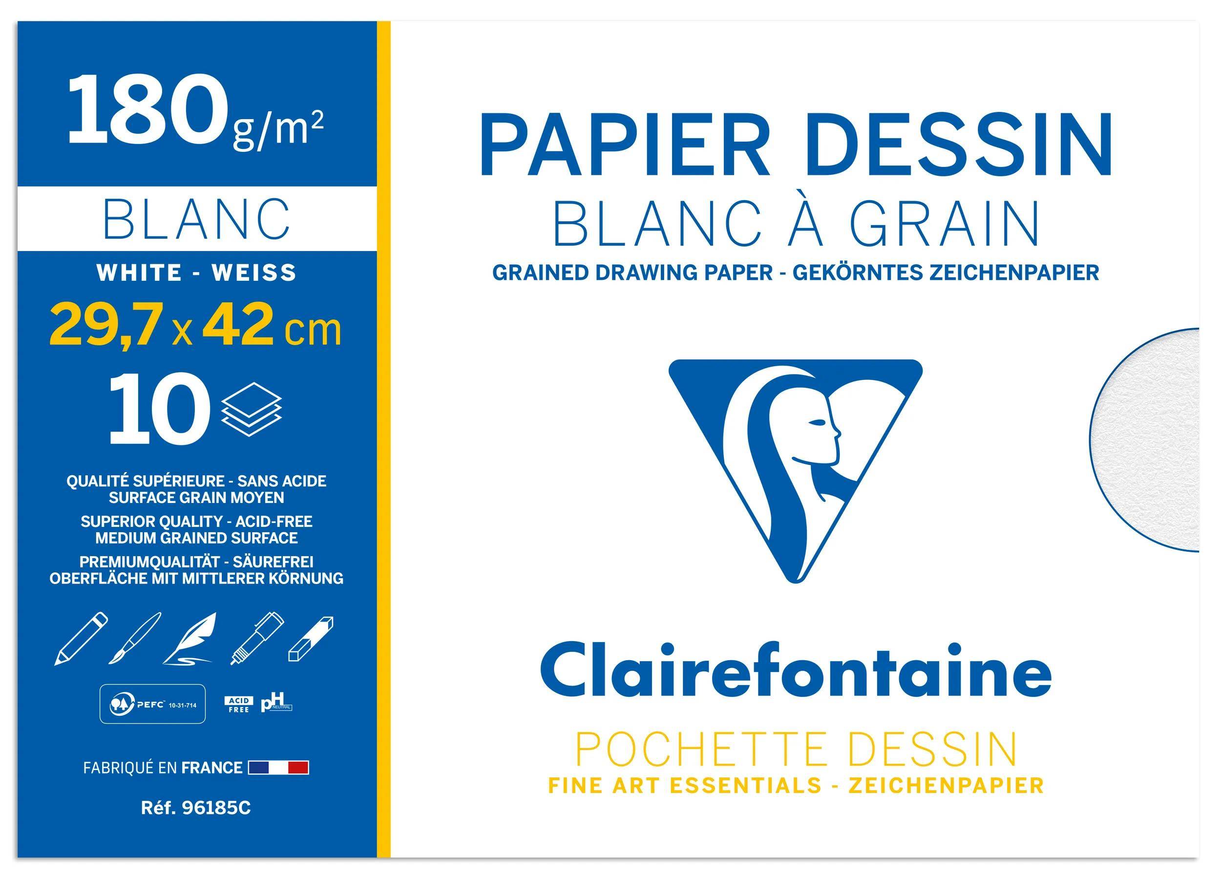 Clairefontaine 10x Gekörntes Zeichenpapier, Packung 10 Bl A3, 180g, weiß 96185C