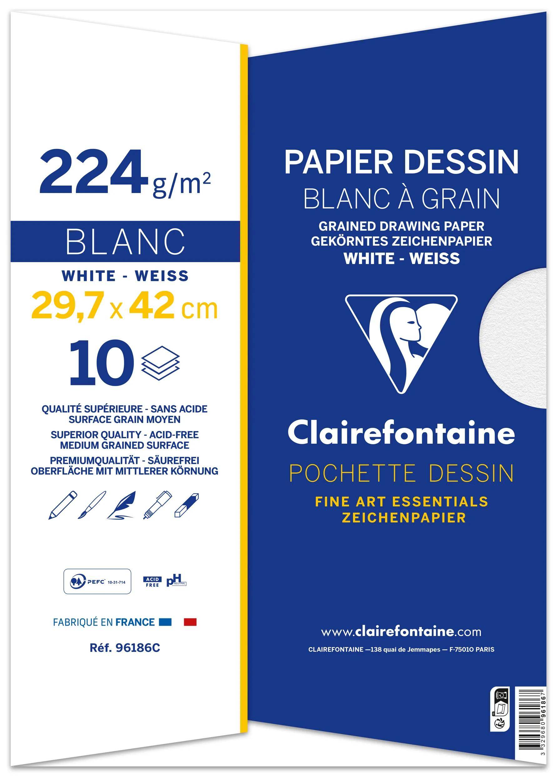 Clairefontaine 10x Gekörntes Zeichenpapier, Packung 10 Bl A3, 224g, weiß 96186C