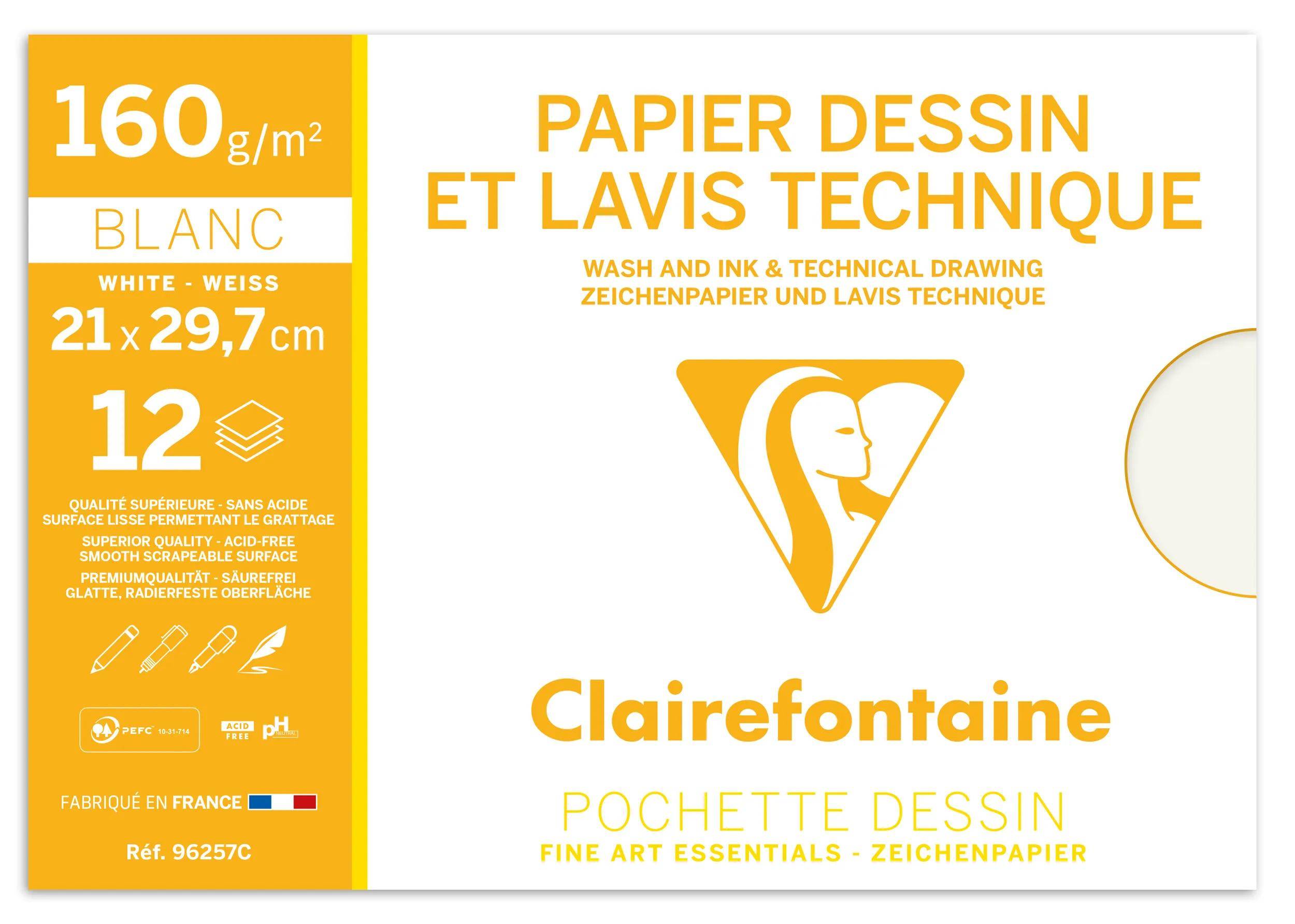Verpackung für Clairefontaine-Zeichenpapier mit weißen 160 g/m² Blättern, A4-Format 21 x 29,7 cm, 12 Blatt, und der Aufschrift „Papier dessin et lavis technique