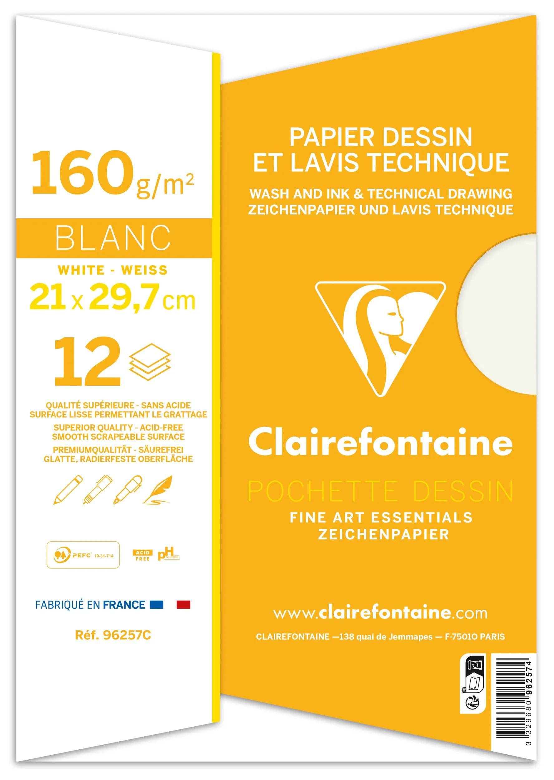 Clairfontaine Blanko-Zeichenblock mit Umschlag, 160 g/m², 21 x 29,7 cm, 12 Blatt, für Wash- und Tuschtechnik, in Weiß und Gelb.