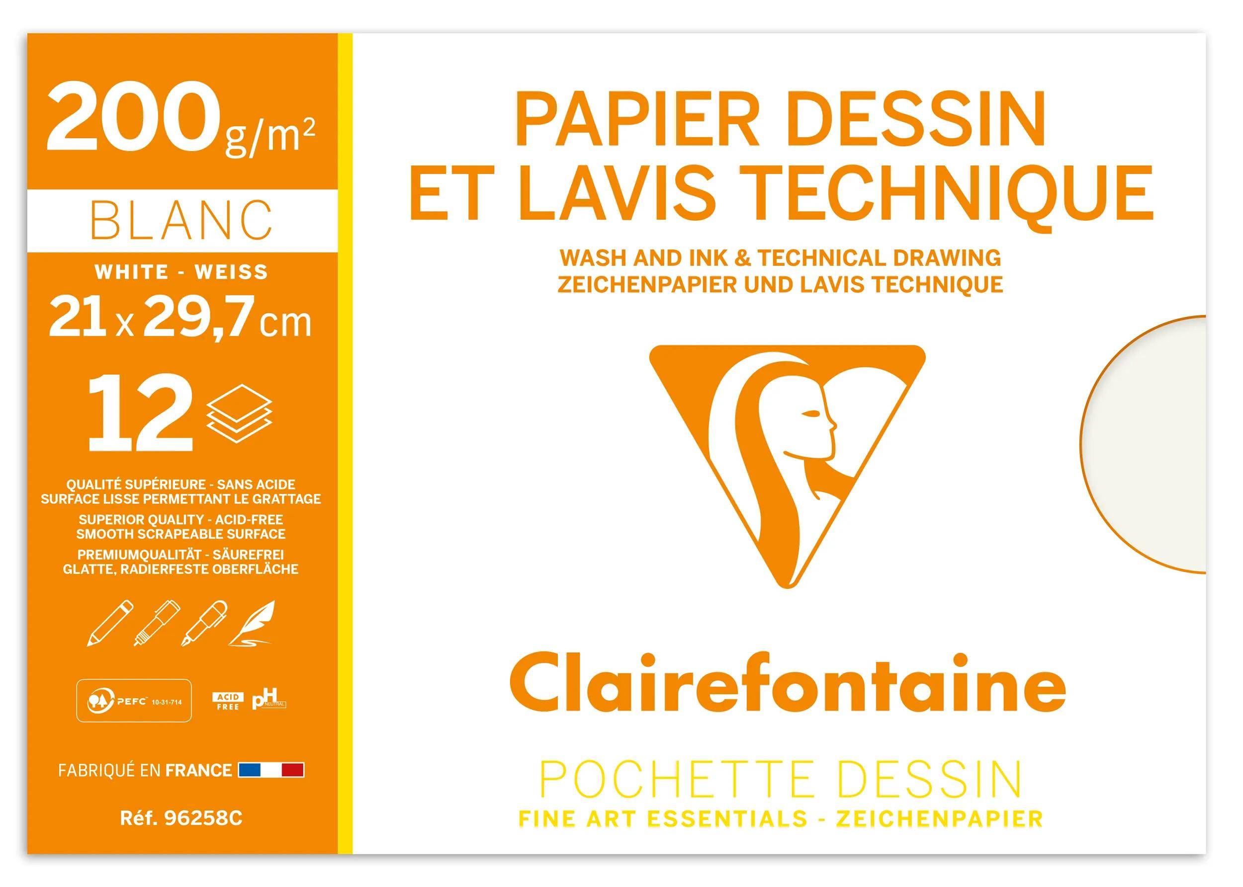 Clairefontaine Zeichenpapierblock, 200 g/m² weiß, 21 x 29,7 cm, 12 Blatt, gekennzeichnet für Wäsche und Tinte sowie technische Zeichnungen.