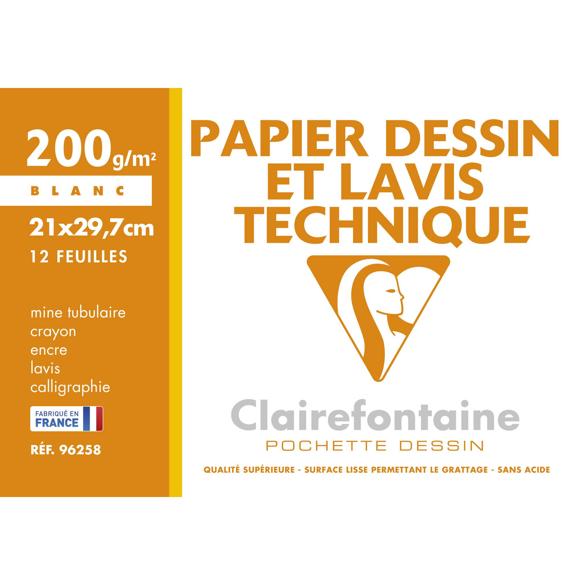 Clairefontaine 10x Lavis, Technisches Zeichenpapier A4, Pkg 12 Bogen 200g 96258C