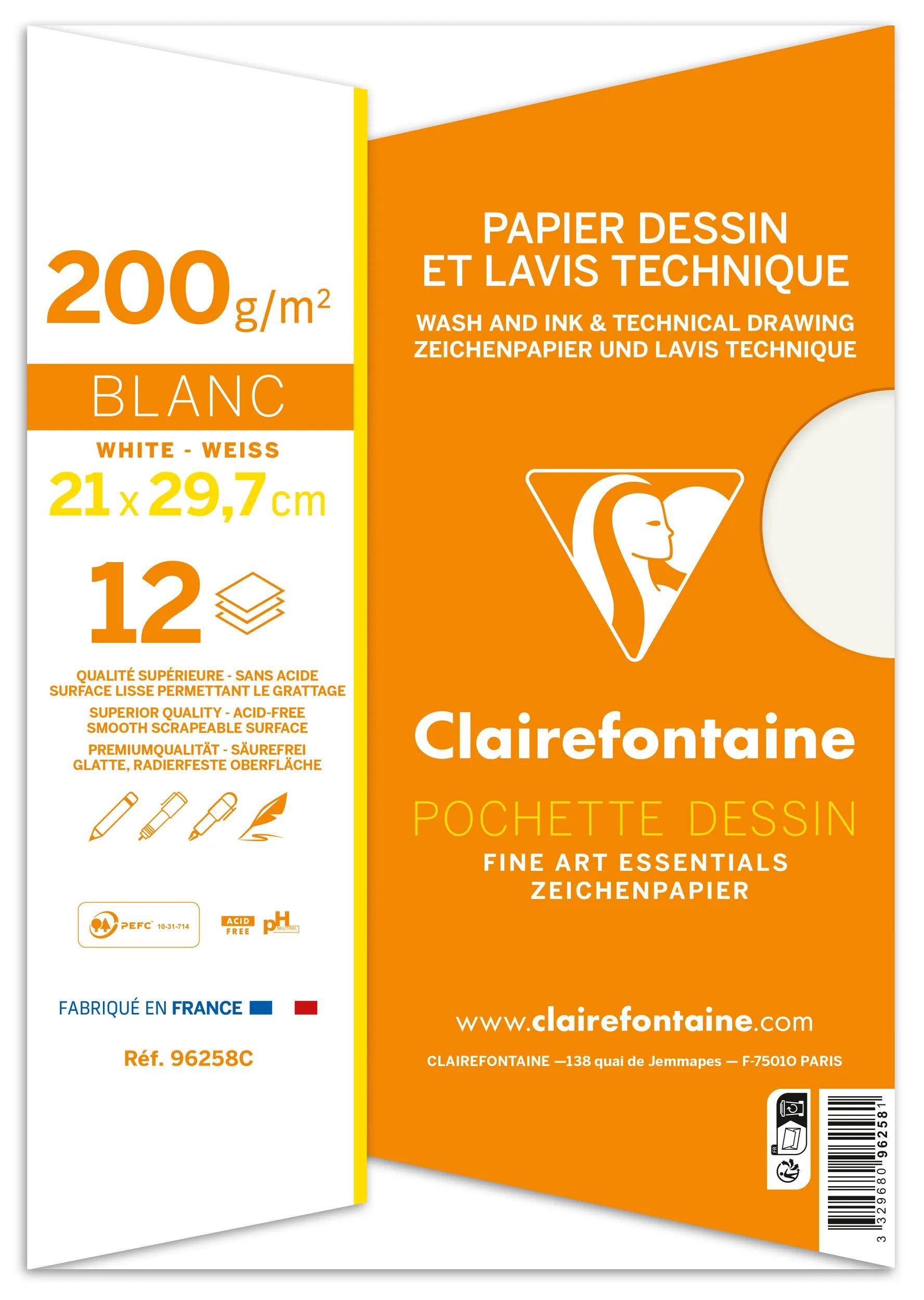 Clairefontaine 10x Lavis, Technisches Zeichenpapier A4, Pkg 12 Bogen 200g 96258C