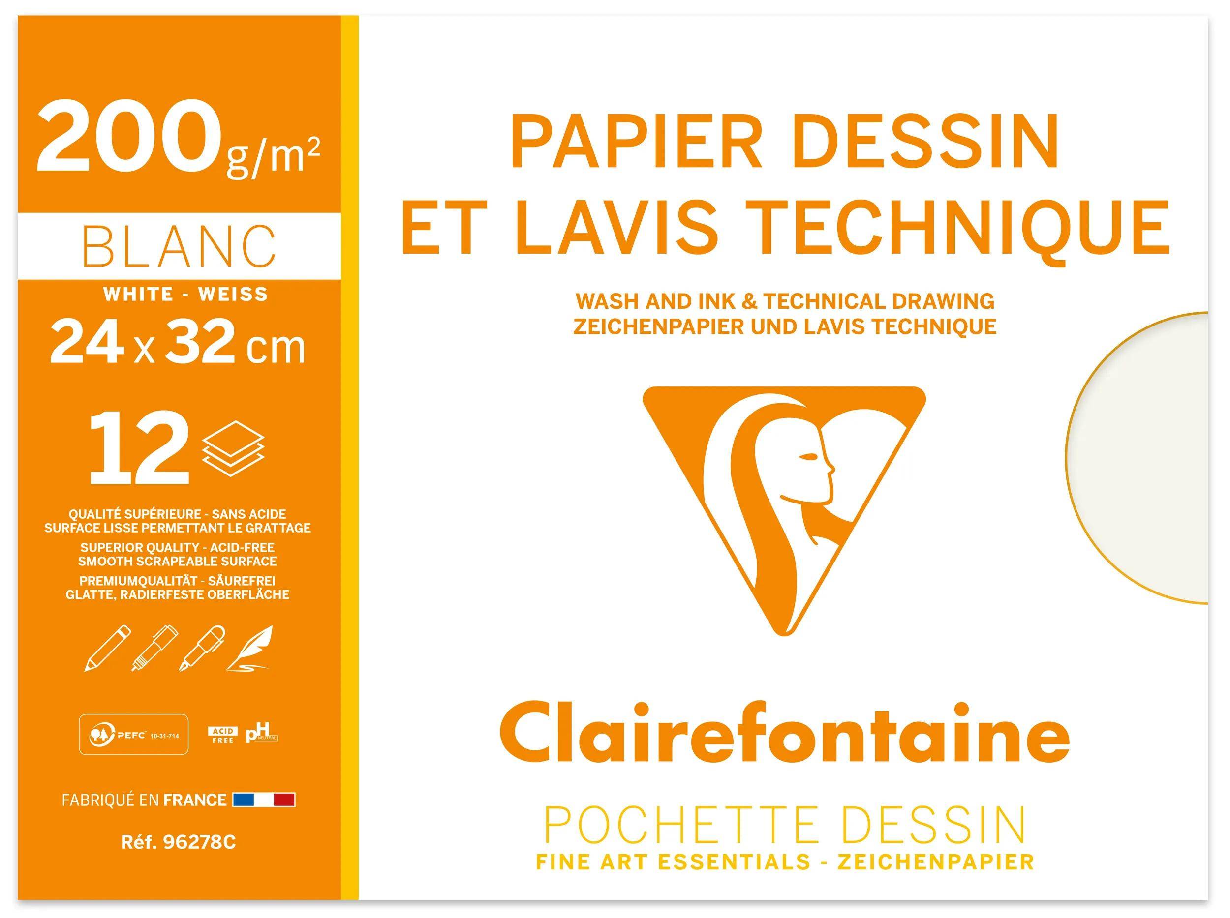 Clairefontaine 10x Technisches Zeichenpapier 24x32cm 200g Pack. 12 Bogen 96278C