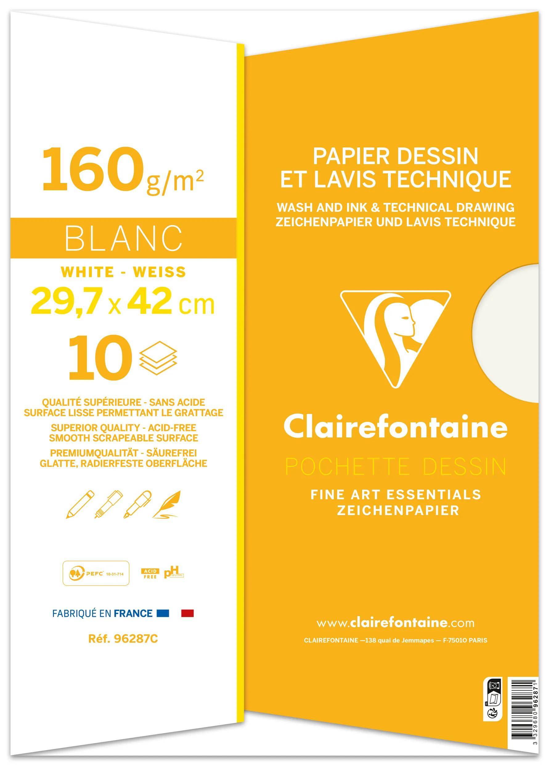 Clairefontaine Zeichenpapier-Blockpackung, weiß und orange, mit Angabe 160 g/m2, weiß, 29,7 x 42 cm, 10 Blatt, und 'PAPIER DESSIN ET LAVIS TECHNIQUE