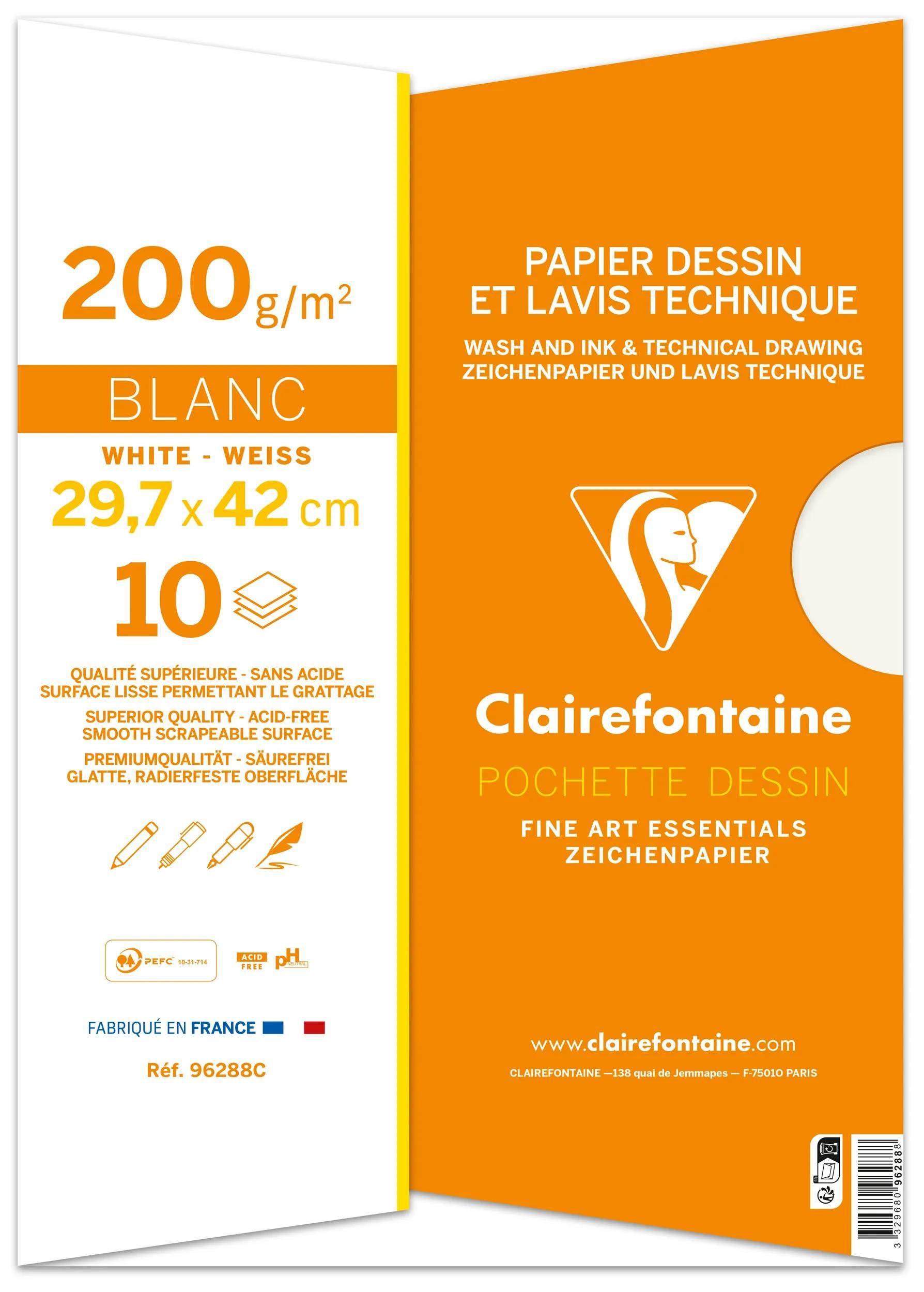Orange-weiße Clairefontaine-Zeichenpapiermappe mit der Bezeichnung „PAPIER DESSIN ET LAVIS TECHNIQUE