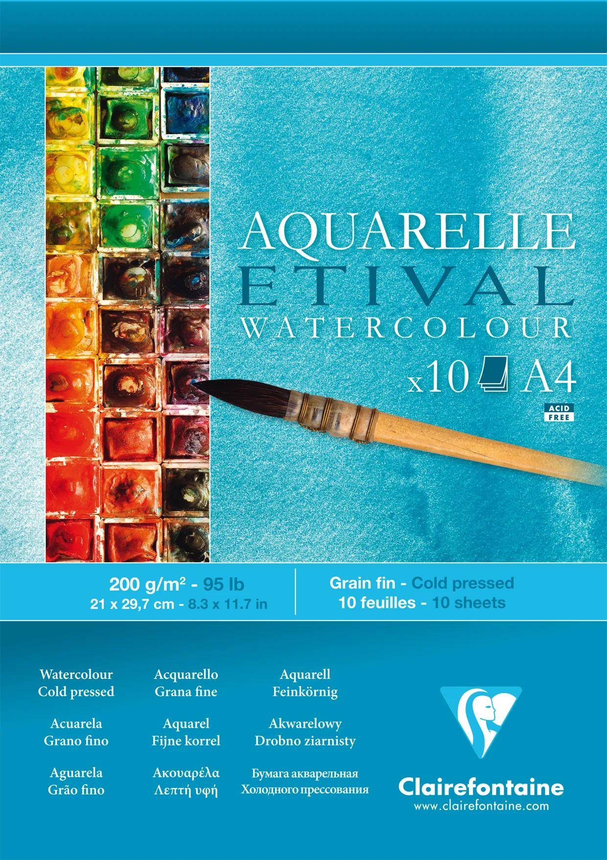 Clairefontaine 5x Etival Aquarellpapier feinkörnig, Block A4 10 Blatt 96302C