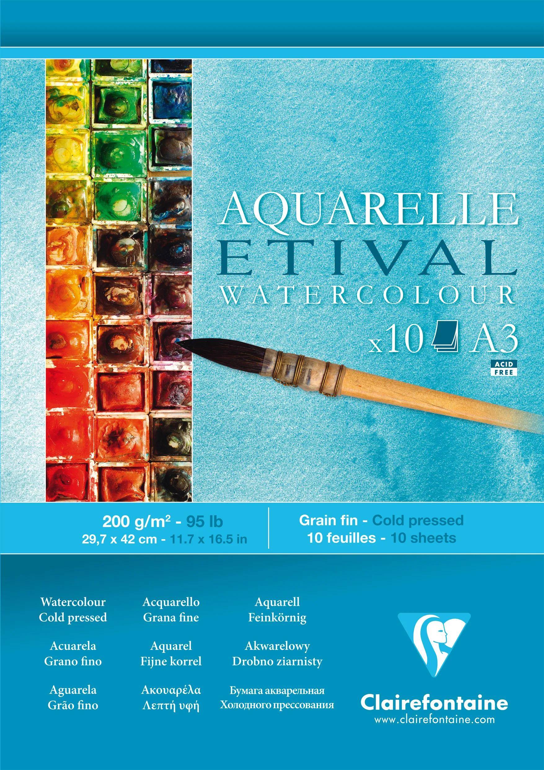 Clairefontaine 5x Etival Aquarellpapier feinkörnig, Block A3 10 Blatt 96303C