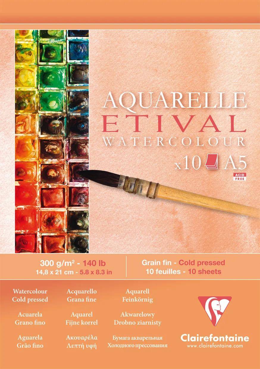 Aquarelle Etival Aquarellblock mit Malerpinsel, Aquarellfarben, 300 g/m², kaltgepresst, 10 Blatt, A5-Format.