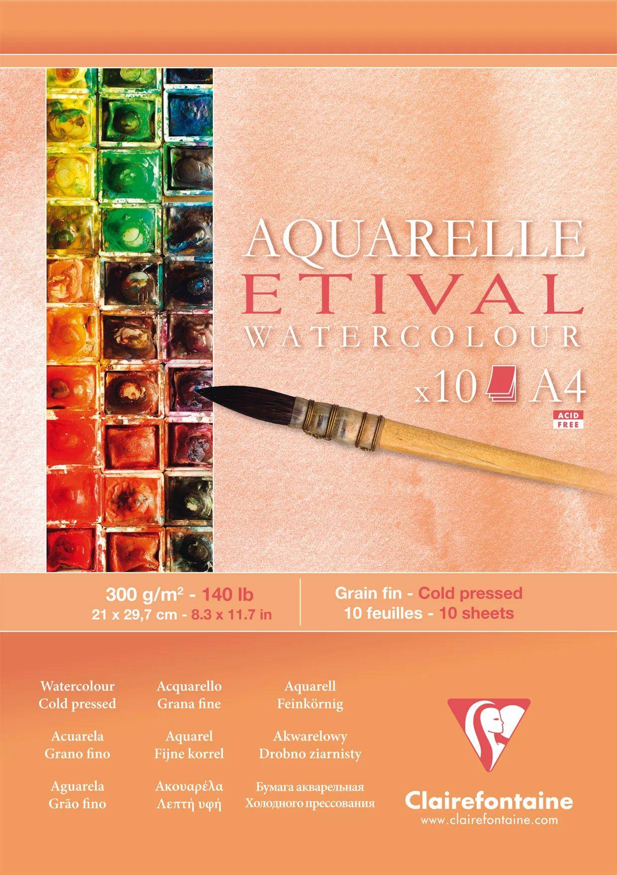 Aquarellblock mit der Aufschrift „AQUARELLE ETIVAL WATERCOLOR x10 A4