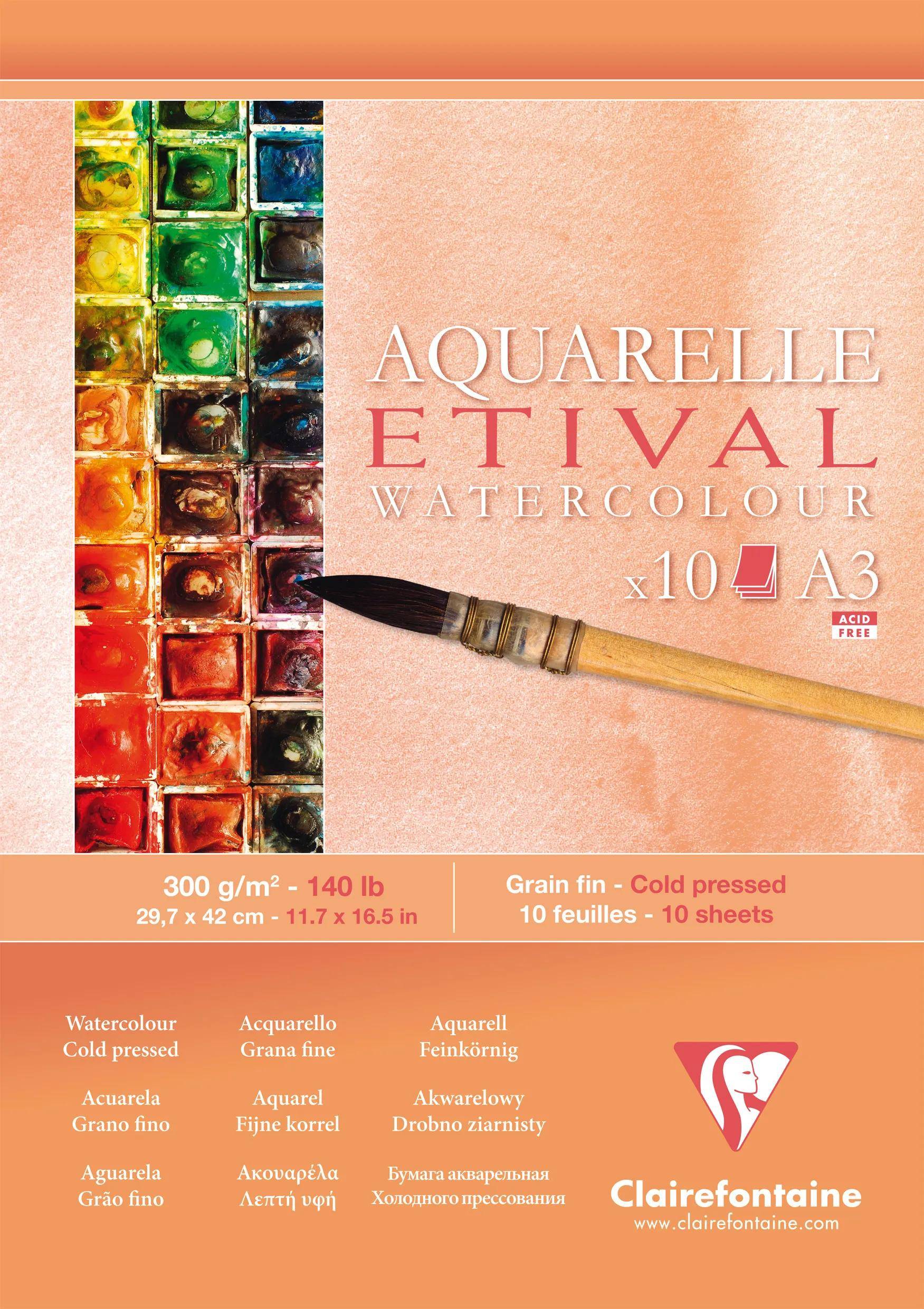 Umschlag eines Aquarell-Etival-Aquarellpapierblocks, 10x A3, 300 g/m² kalt gepresst, mit Farbmustern und einem Pinselbild.