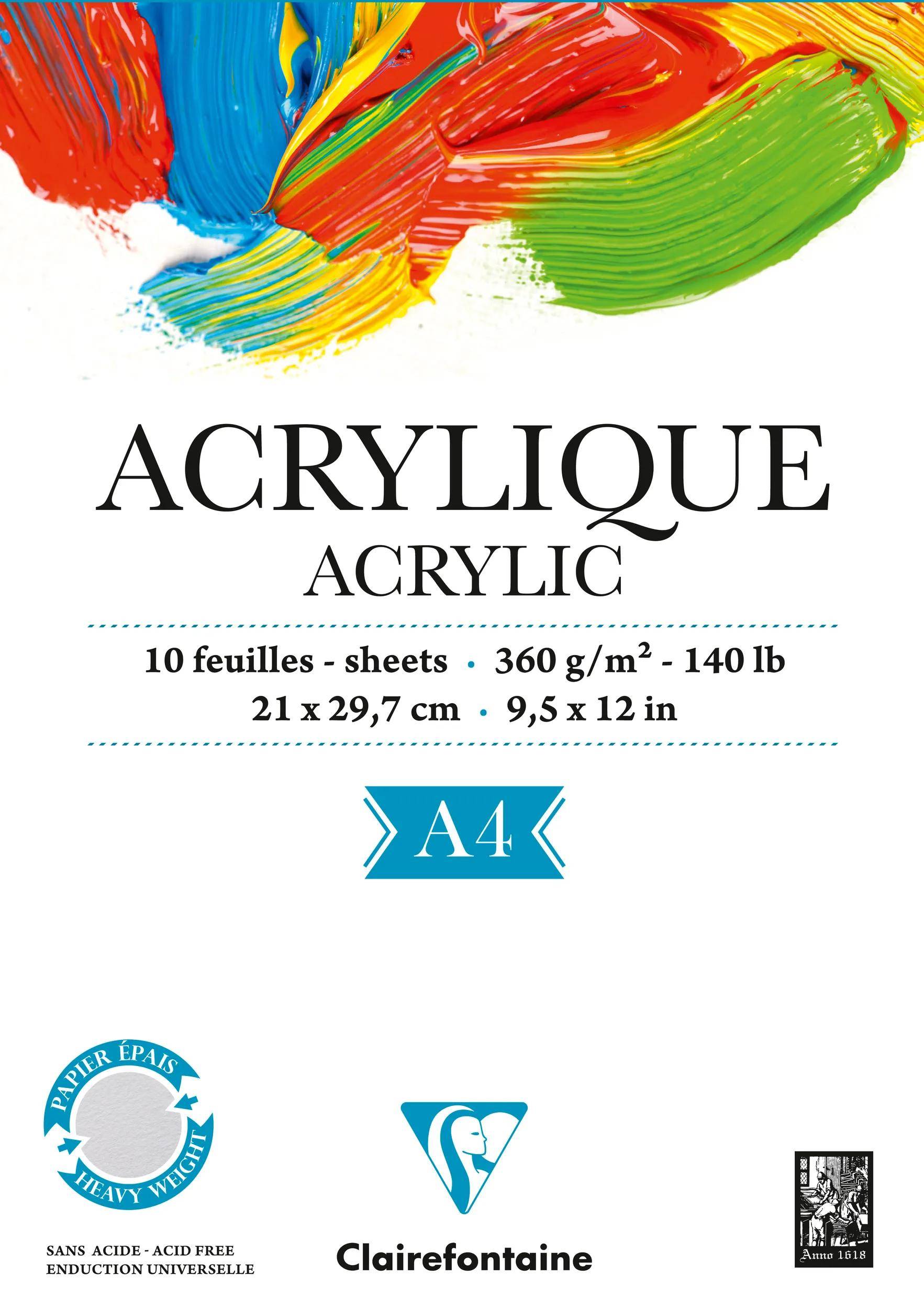 Acrylblock mit Deckblatt aus Acrylpapier mit farbenfrohen Pinselstrichen, beschriftet mit 'ACRYLIQUE / ACRYLIC'; 10 Blatt, 360 g/m², DIN-A4-Format, Marke Clairefontaine.
