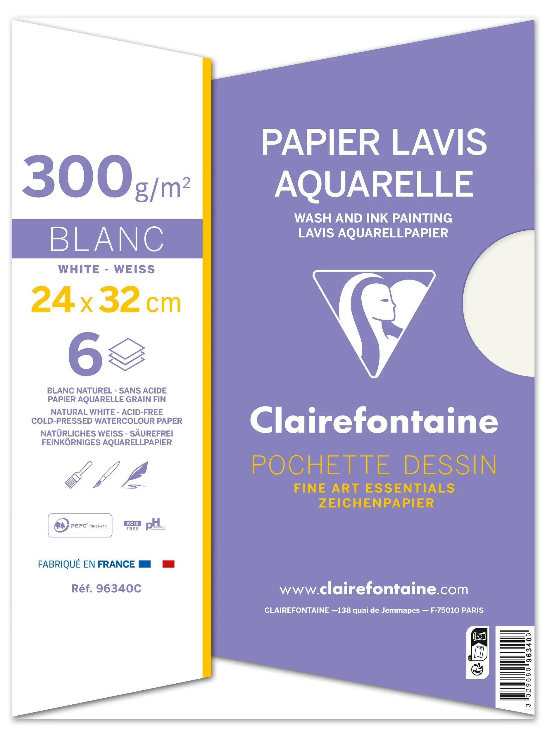 Verpackung für Clairefontaine 'Papier Lavis Aquarelle' Zeichenblock, 300 g/m² weißes Papier, 24 x 32 cm, 6 Blatt, Kunstdruckpapier.