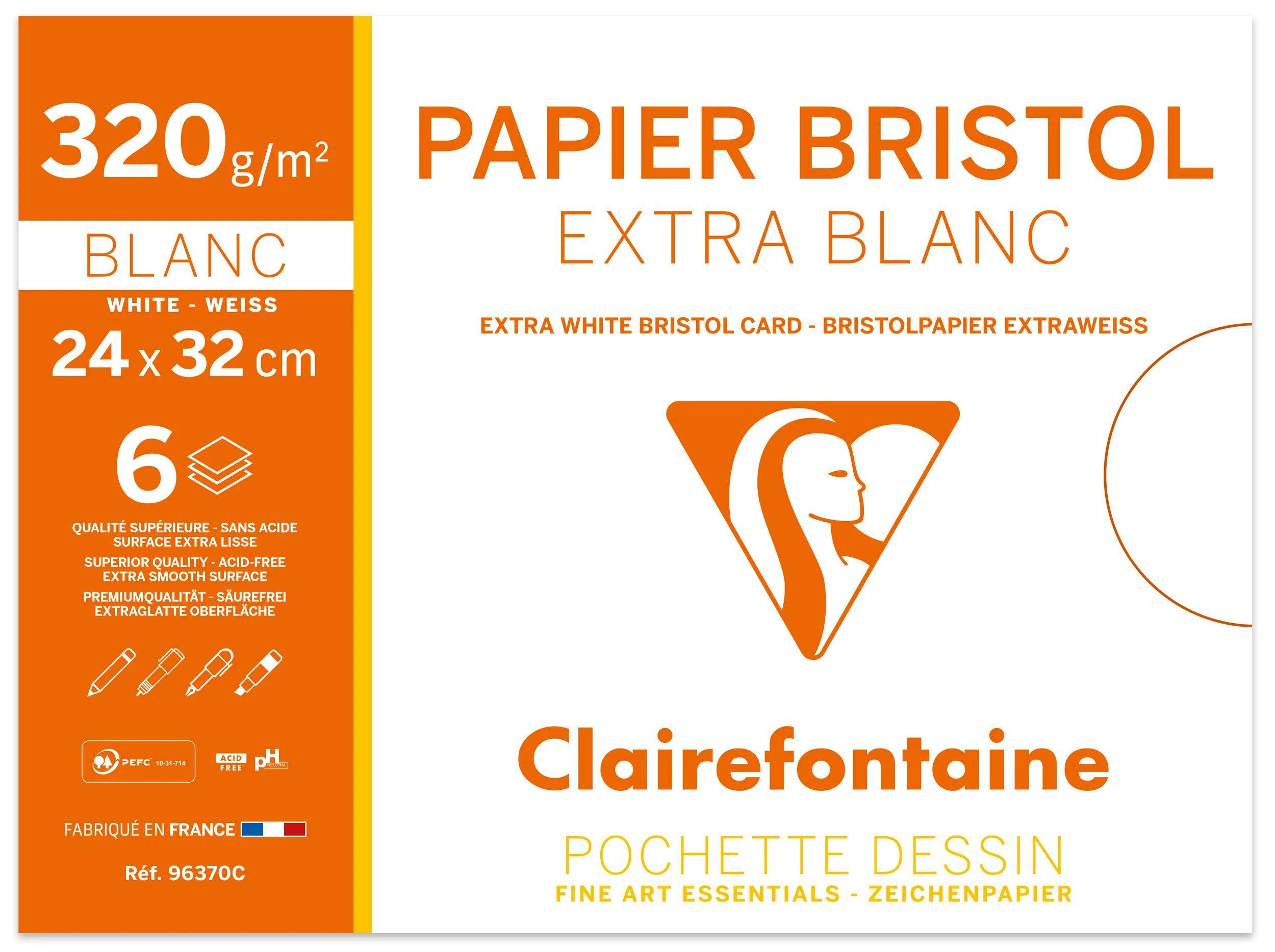 Clairefontaine 'PapiER Bristol Extra Blanc' Zeichenblock-Umschlag, 24 x 32 cm, 320 g/m², 6 Blatt, weißes Papier.