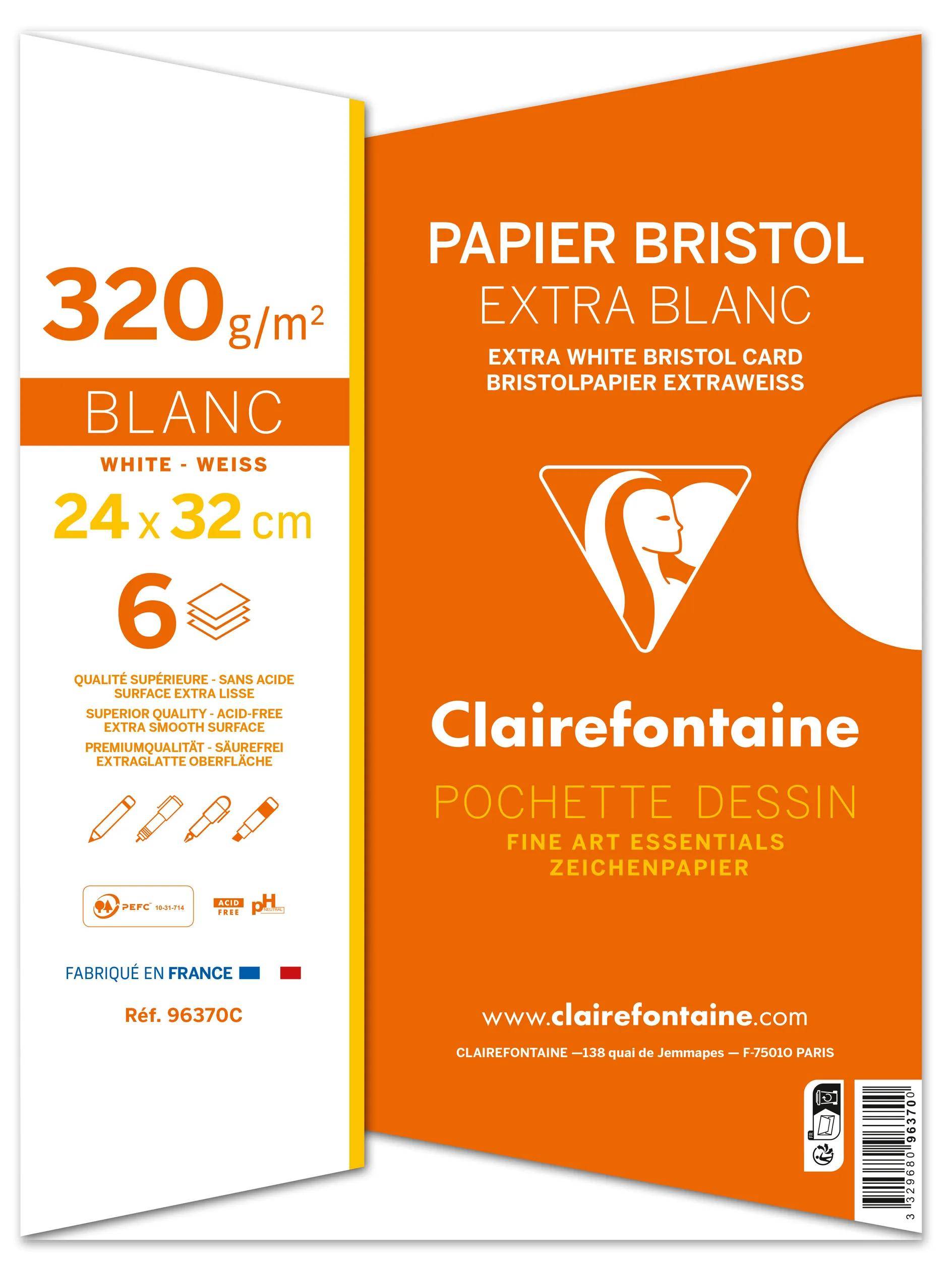 Clairefontaine extra weiße Bristol-Zeichenblock-Unterlage, 320 g/m², 24 x 32 cm, 6 Blatt, in Orange und Weiß.