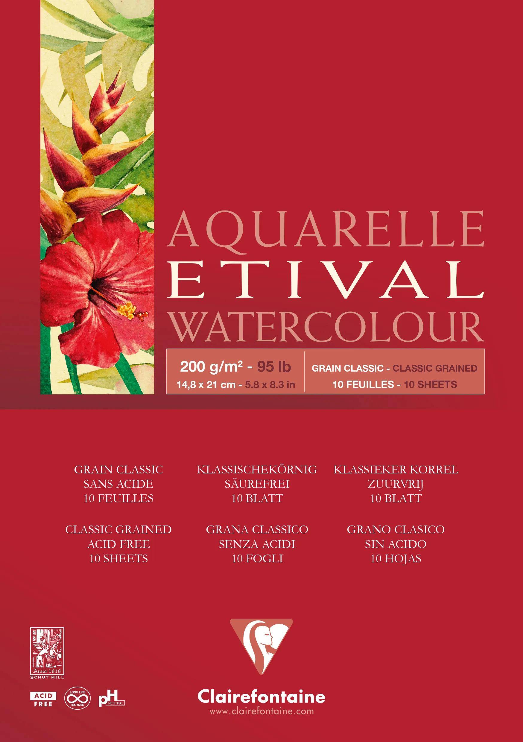 Rotes Clairefontaine-Aquarellpapier-Blockdeckel mit Blumenkunstwerk, beschriftet mit „AQUARELLE ETIVAL WATERCOLOUR