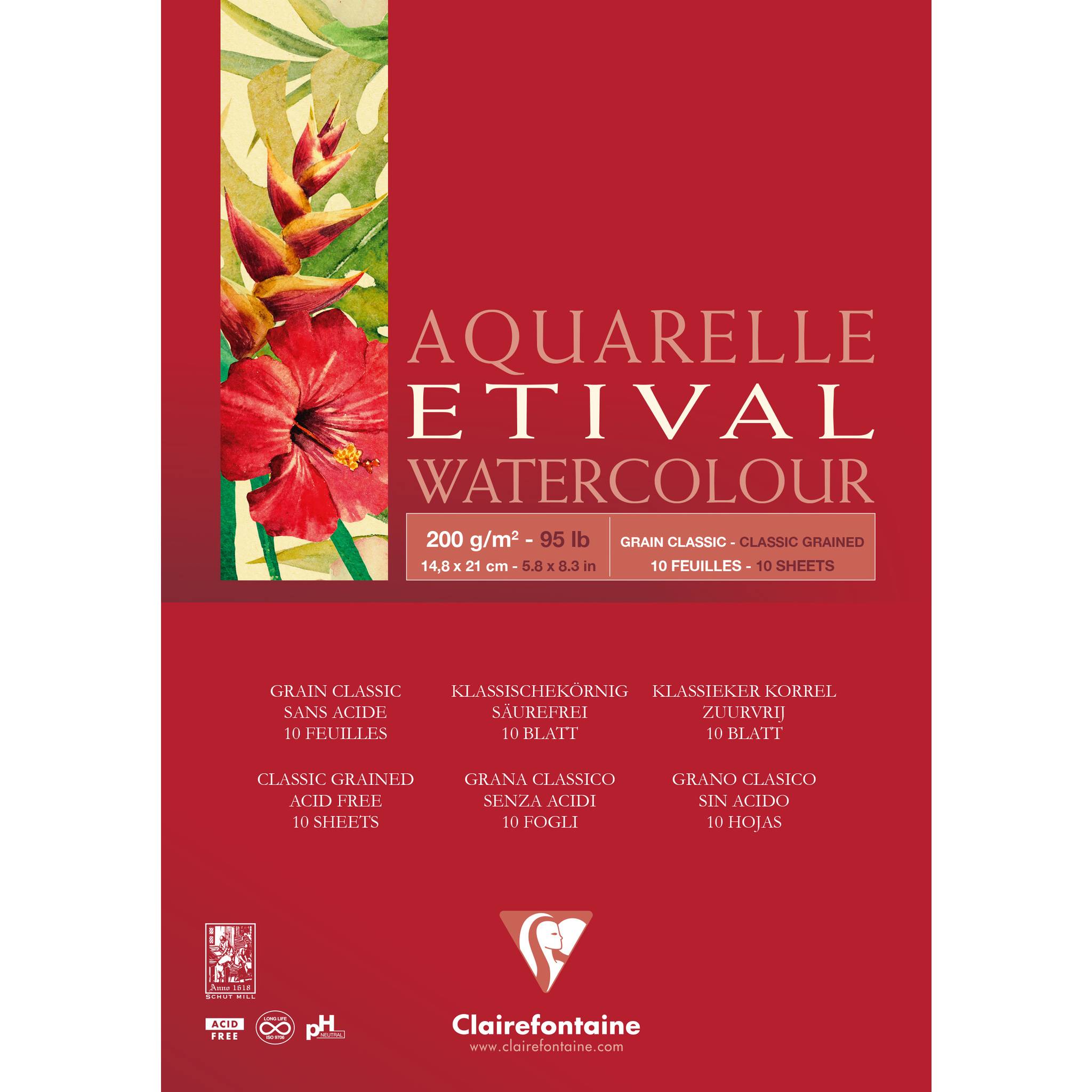Clairefontaine 5x Etival Aquarellpapier, Block A5 geleimt, 10 Blatt 200g 96373C