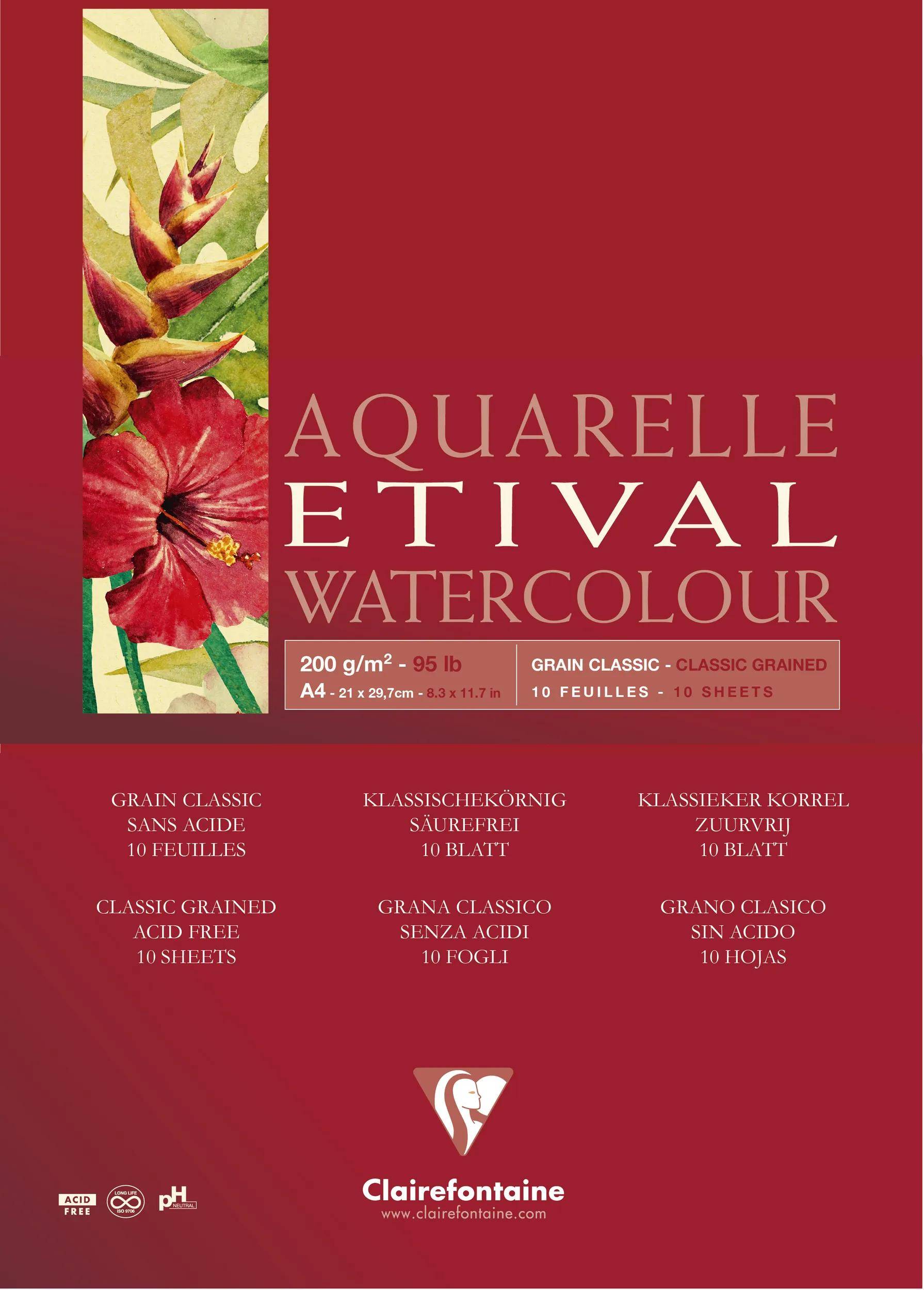 Clairefontaine 5x Etival Aquarellpapier, Block A4 geleimt, 10 Blatt 200g 96374C