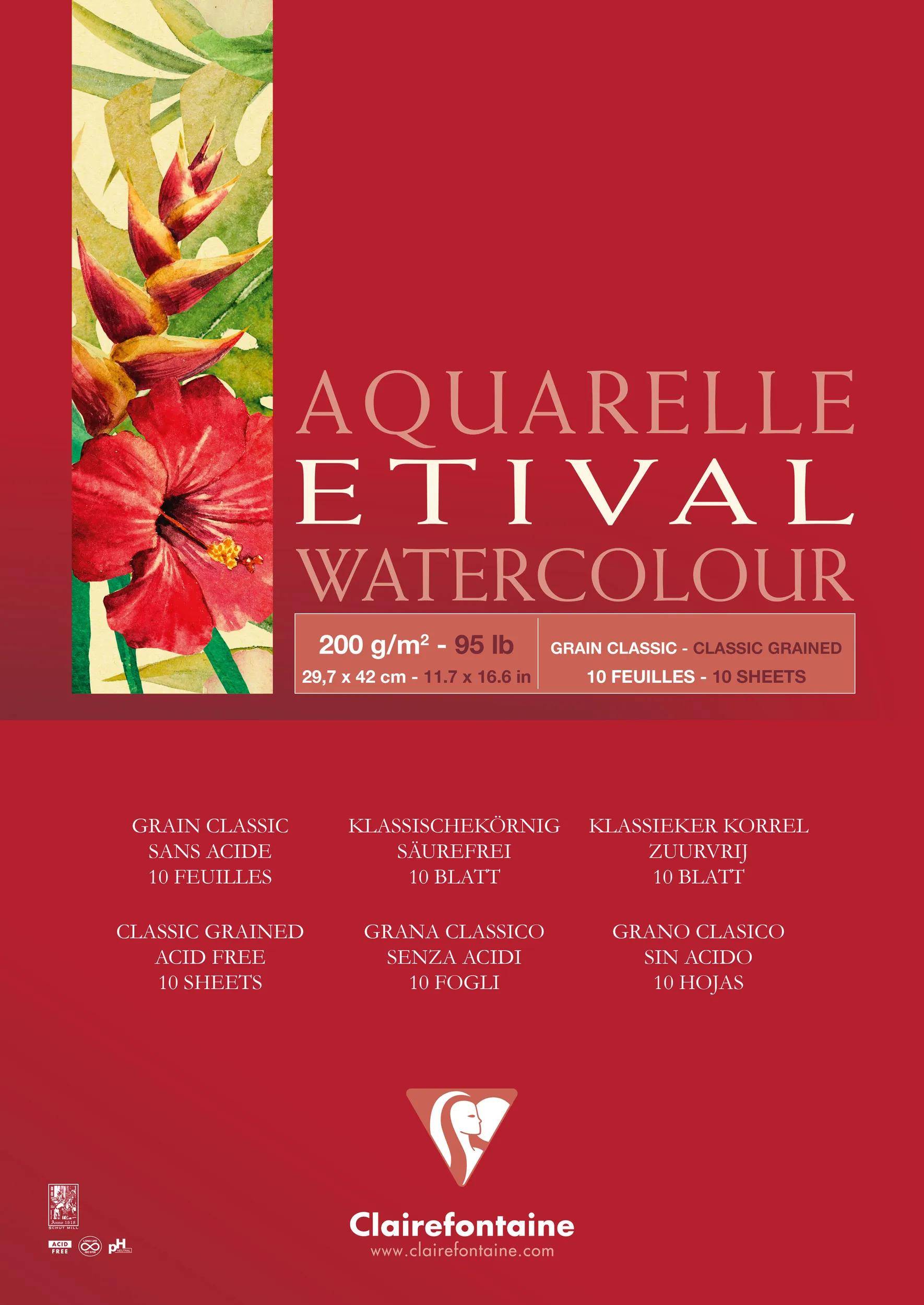 Umschlag eines Clairefontaine Etival Aquarellpapier-Blocks mit Blumenkunstwerk und Text für 200 g/m², 10 Blatt, klassische Körnung, säurefrei.