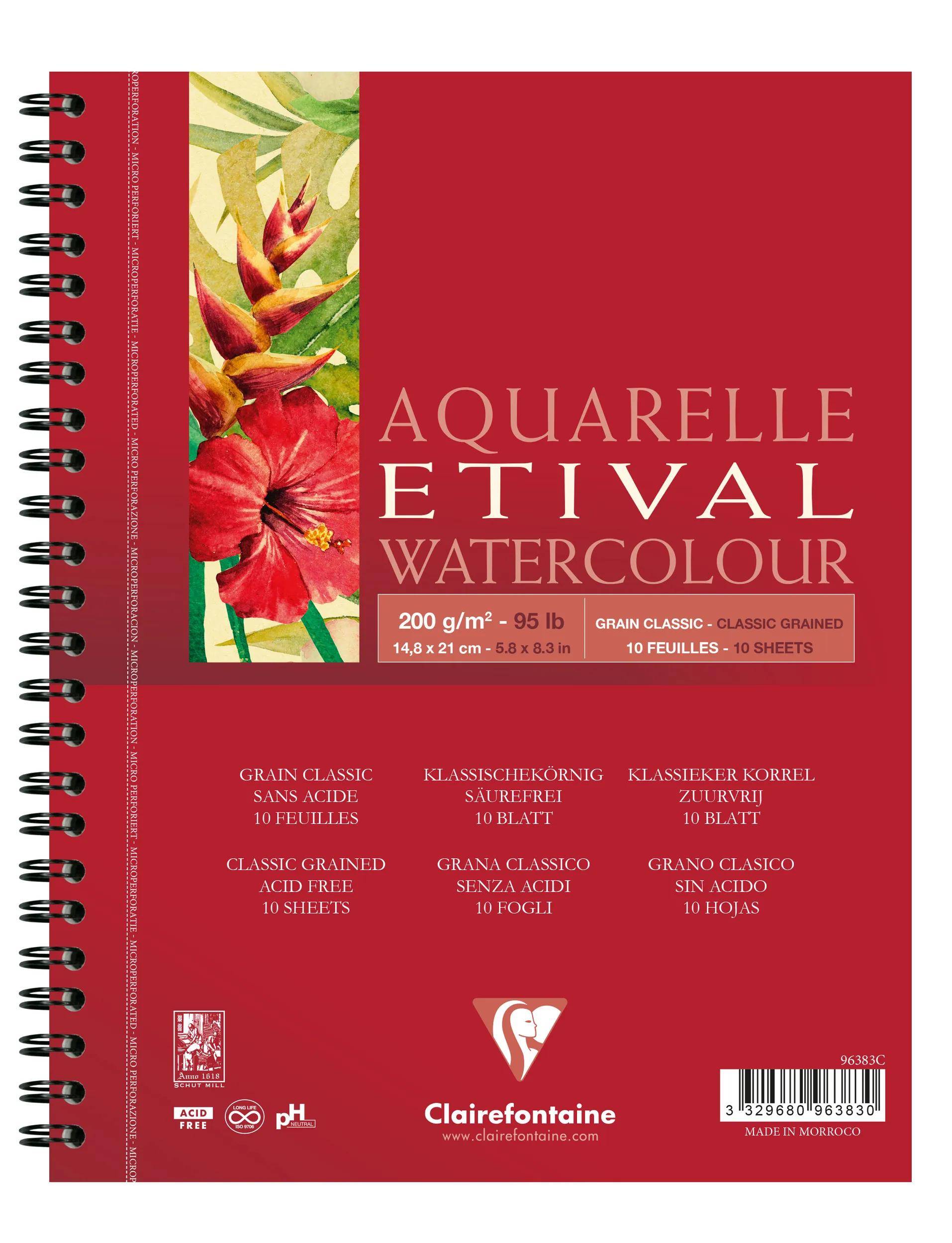 Rotes Clairefontaine Aquarelle Etival Aquarell-Skizzenbuch mit Spiralbindung, Blumenmotiv auf dem Umschlag, 200 g/m² Papier, 10 Blätter.