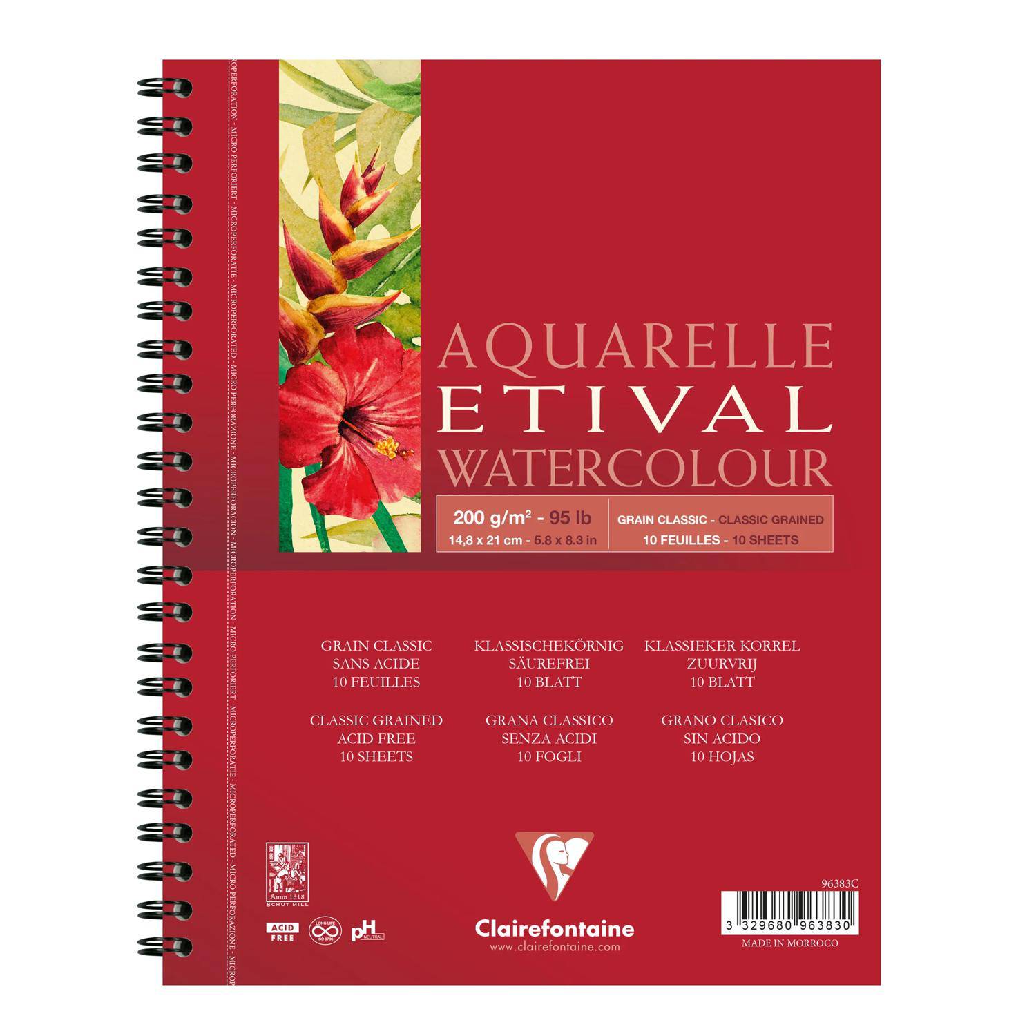 Rotes spiralgebundenes Aquarellpapierbblock mit rotem Umschlag mit der Aufschrift „AQUARELLE E TIVAL WATERCOLOUR" und floraler Kunstwerk.