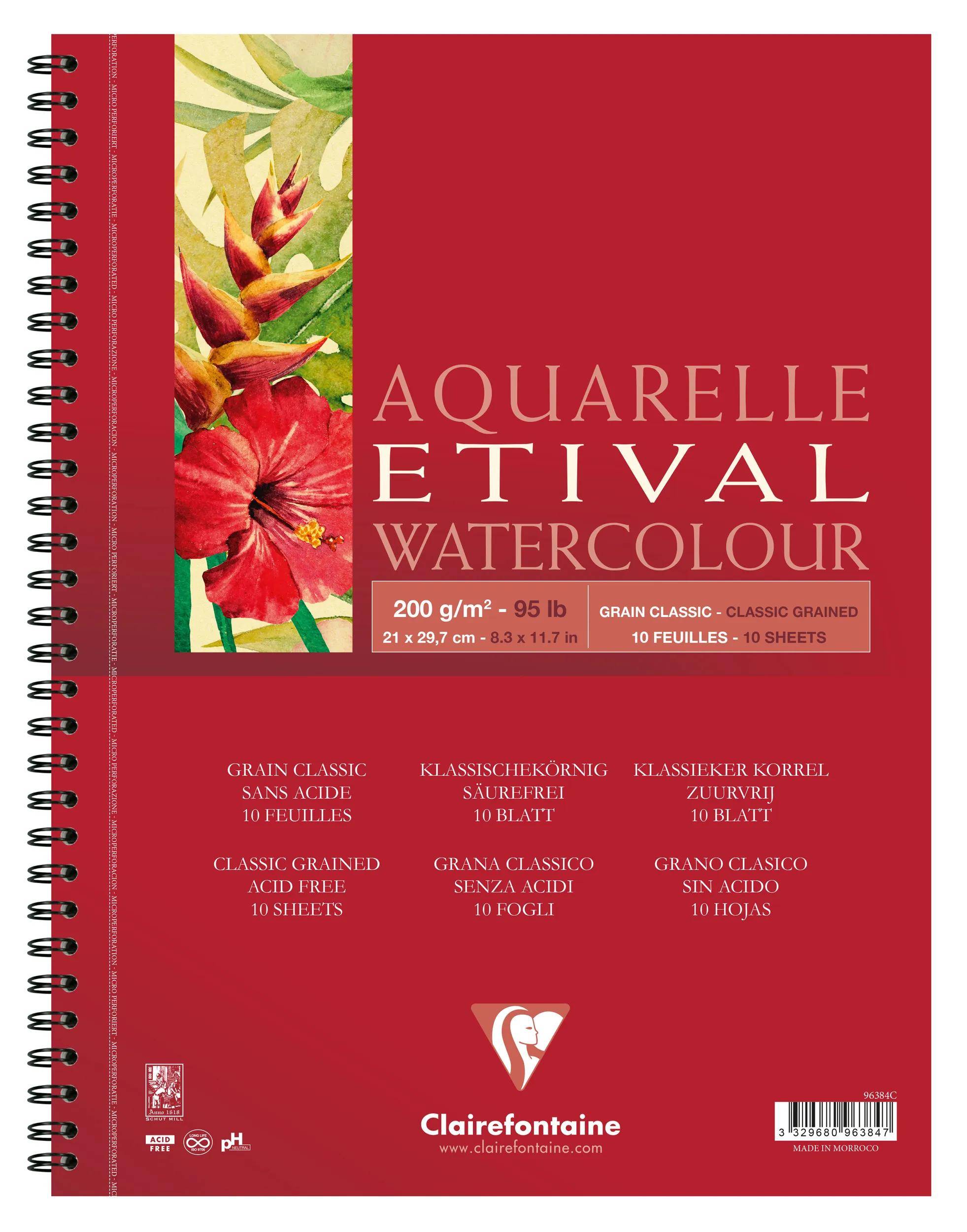 Rotes spiralgebundenes Clairefontaine Aquarell-Skizzenbuch mit Blumenmotiven auf dem Umschlag und Text „AQUARELLE ETIVAL WATERCOLOUR